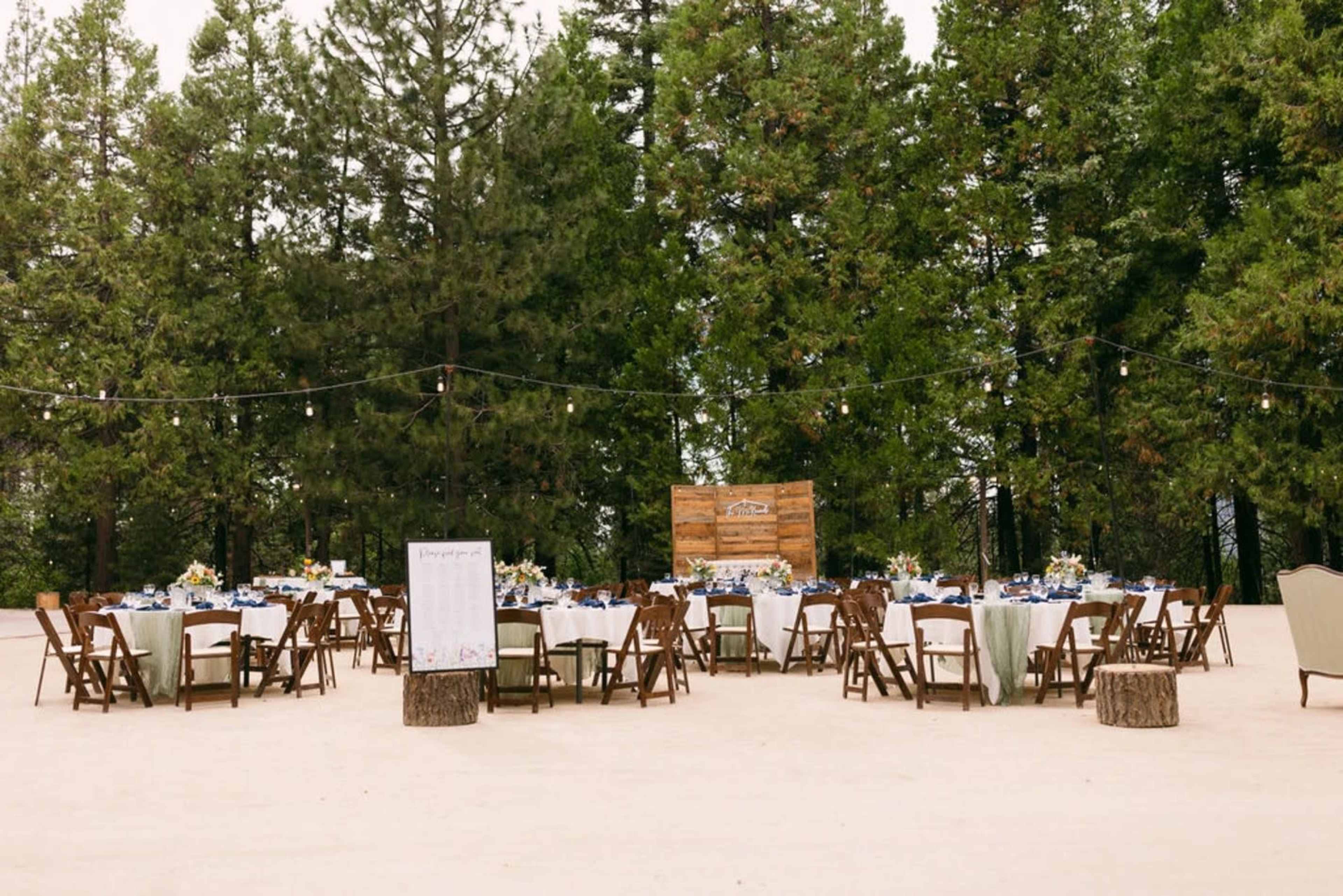 A large outdoor dining setup with round tables and chairs is arranged under string lights amidst a forested backdrop.