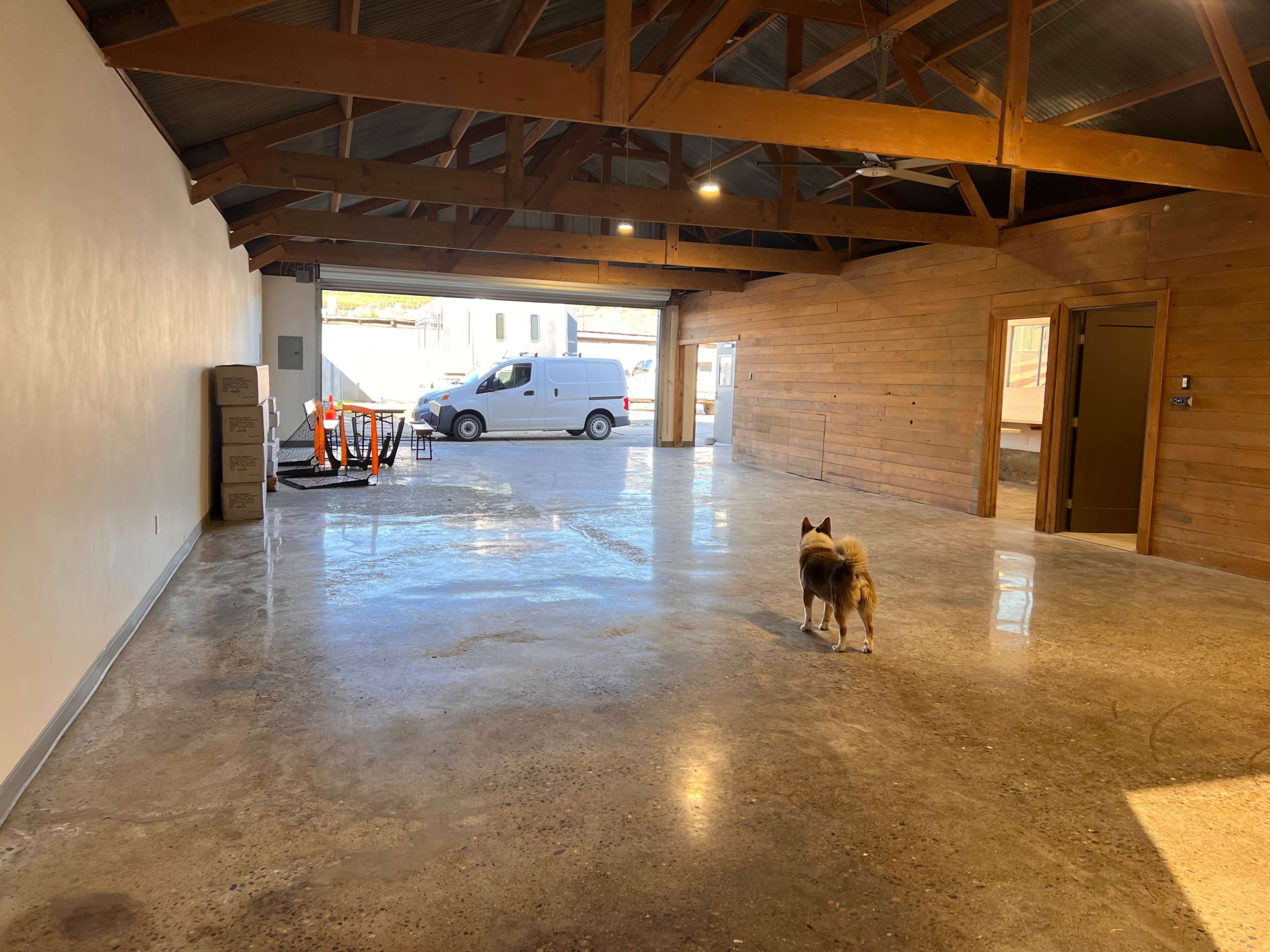 An empty room with polished concrete floors and wooden walls, featuring a dog standing near the center, while a white van is visible outside through an open door.