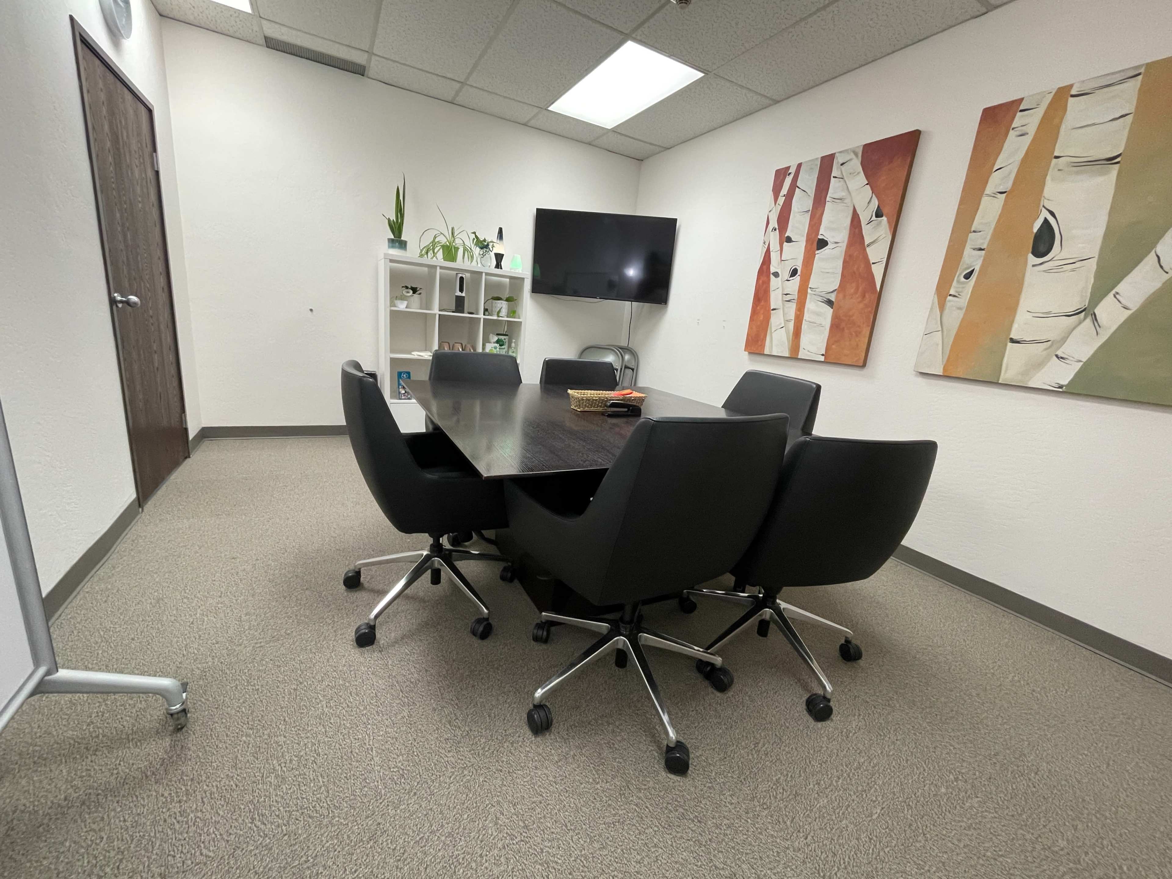 A conference room features a dark table surrounded by black chairs, with a television and shelving unit on the walls.