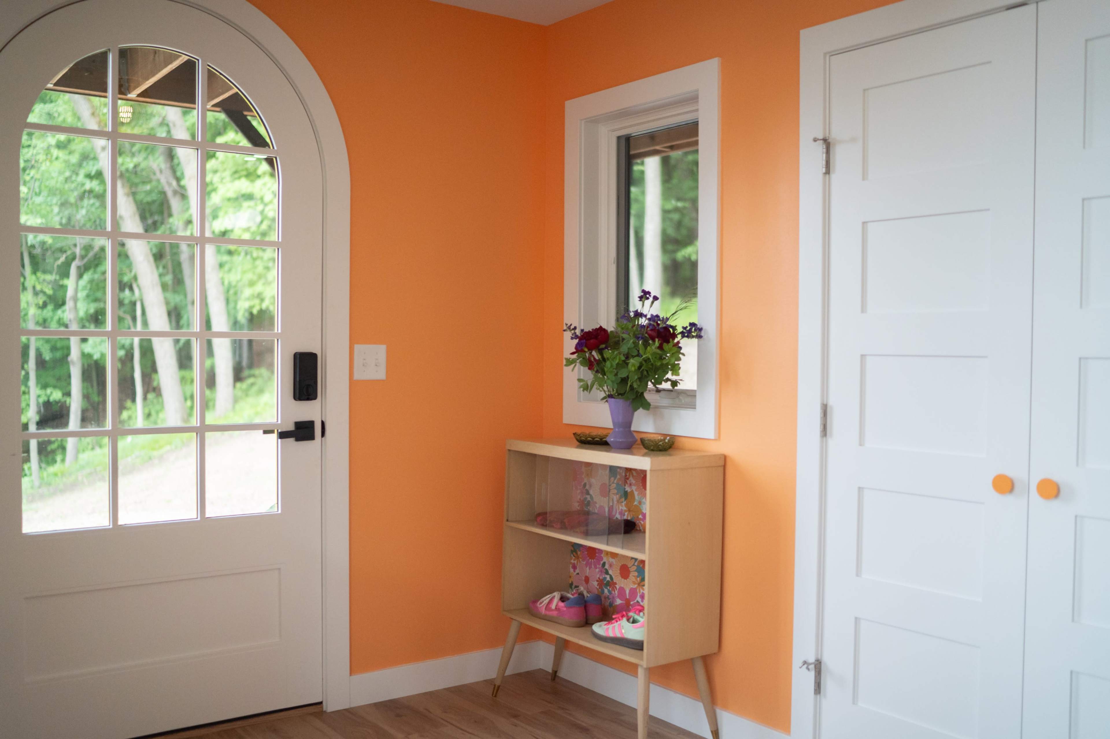 The scene shows an entryway with an orange wall, a large windowed door, a wooden shelf holding a potted plant and shoes, and a closet door.