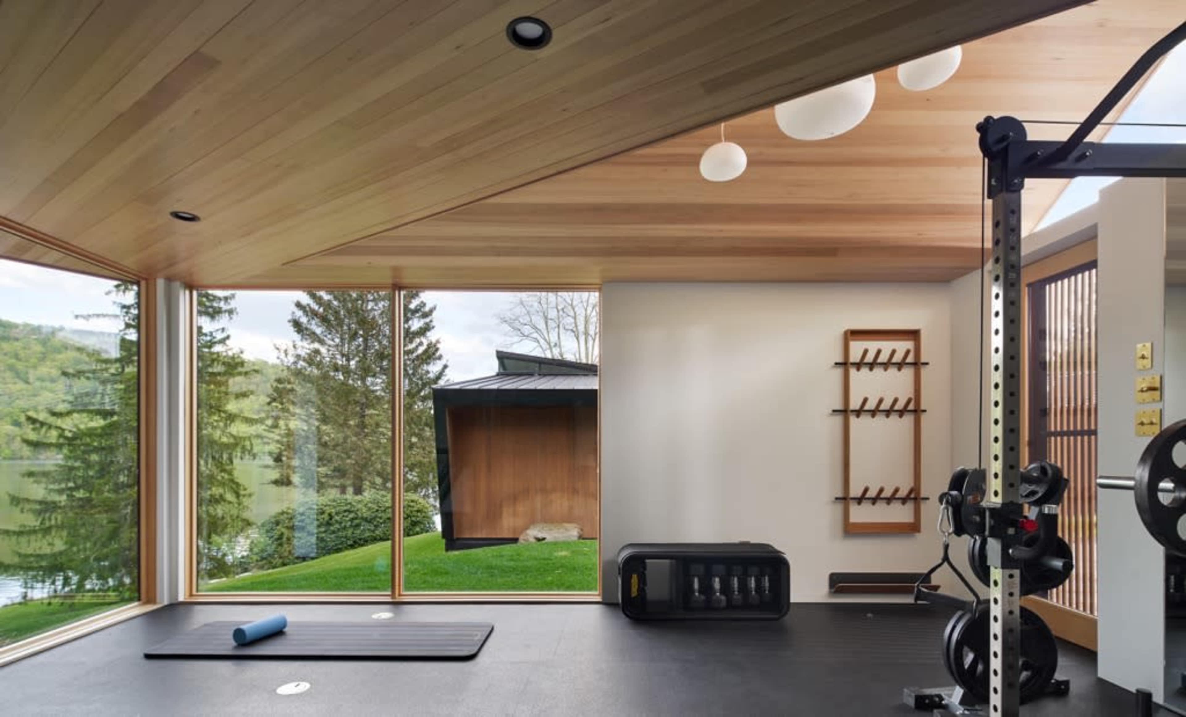 The image shows a modern home gym with large windows overlooking a green landscape, equipped with a weightlifting station, exercise mat, and a storage unit.
