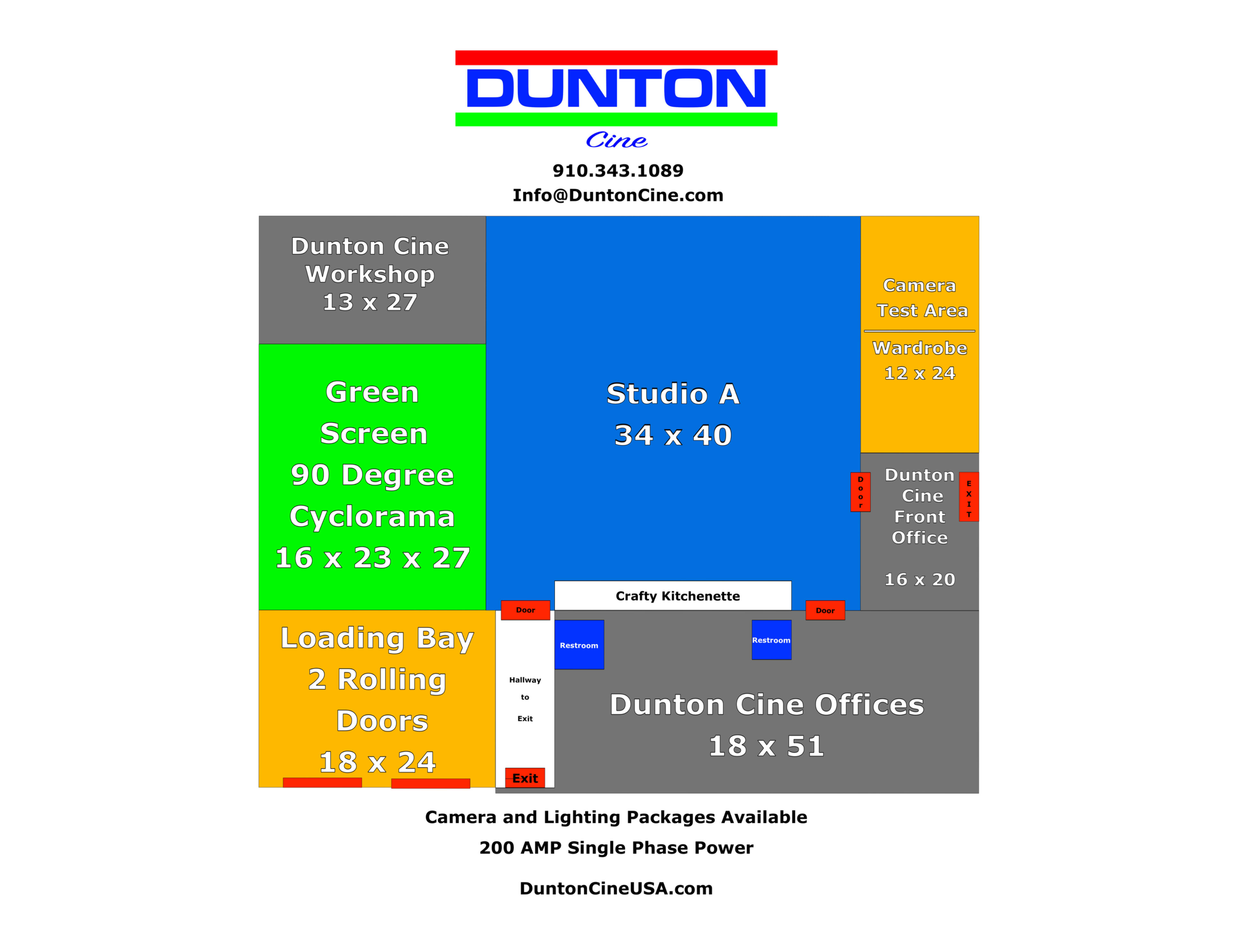 A layout diagram of the Dunton Cine facility, detailing various studio and workspace areas including dimensions for each space.