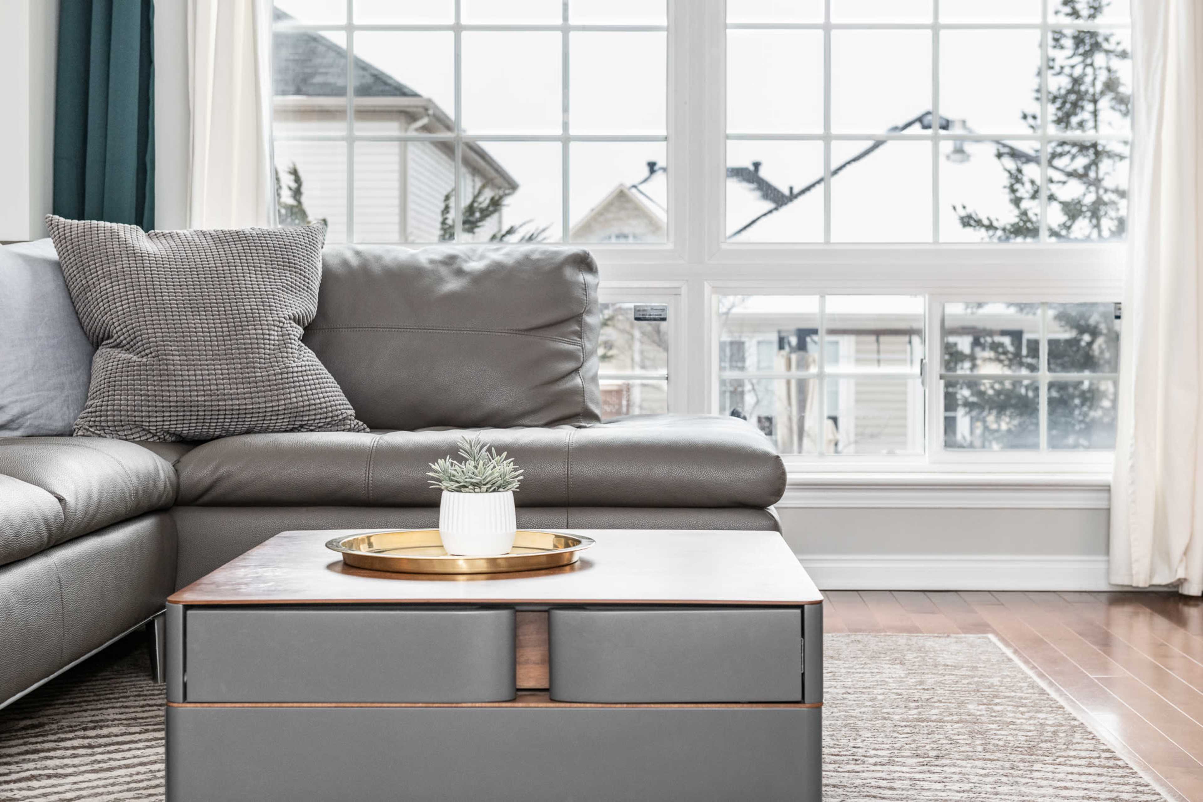 A gray leather sofa sits beside a wooden coffee table with a small plant and a round tray, positioned near large windows overlooking an outdoor area.