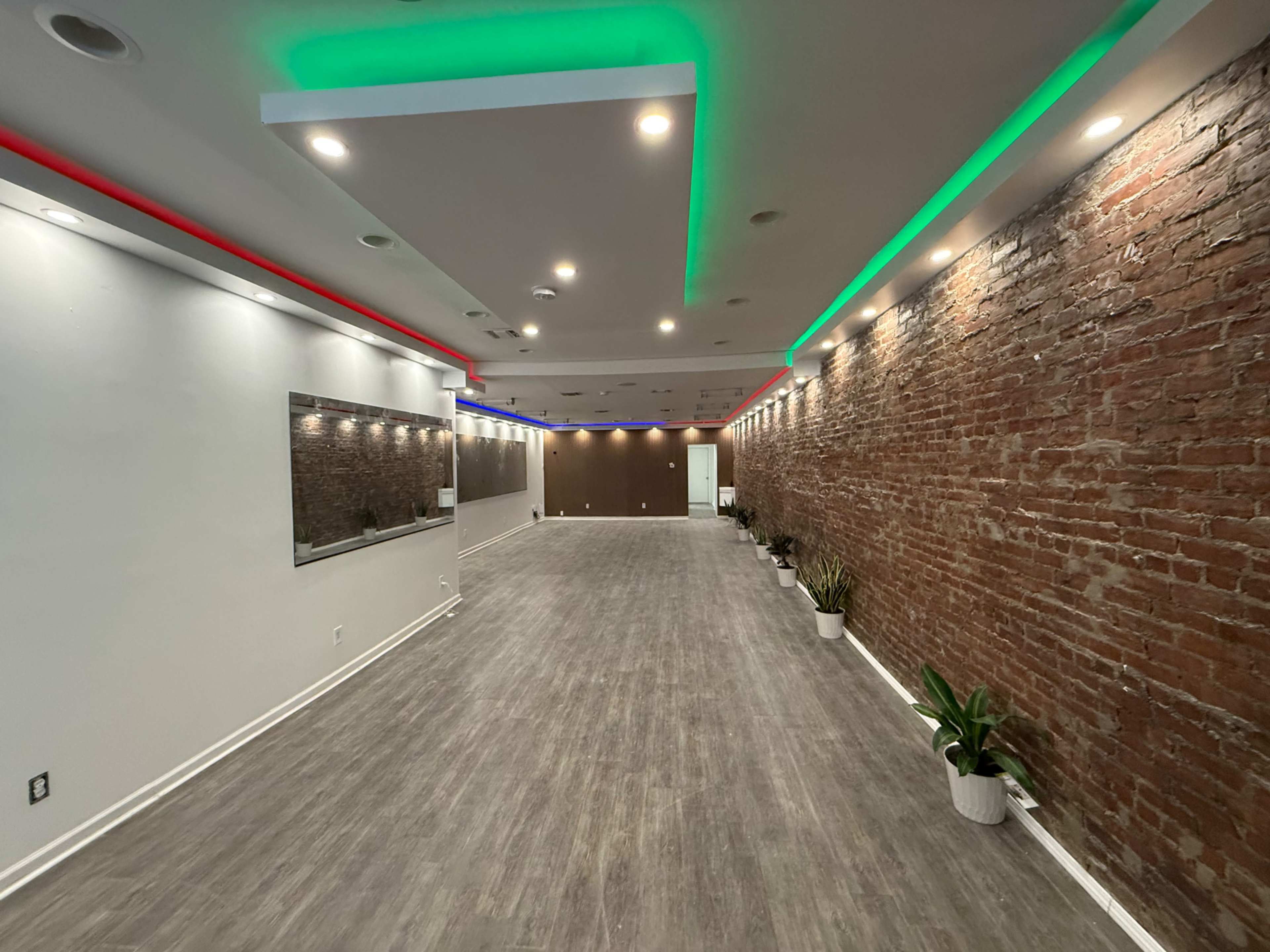 The image shows a spacious room with exposed brick walls, modern lighting along the ceiling, a large mirror, and potted plants arranged along the sides.