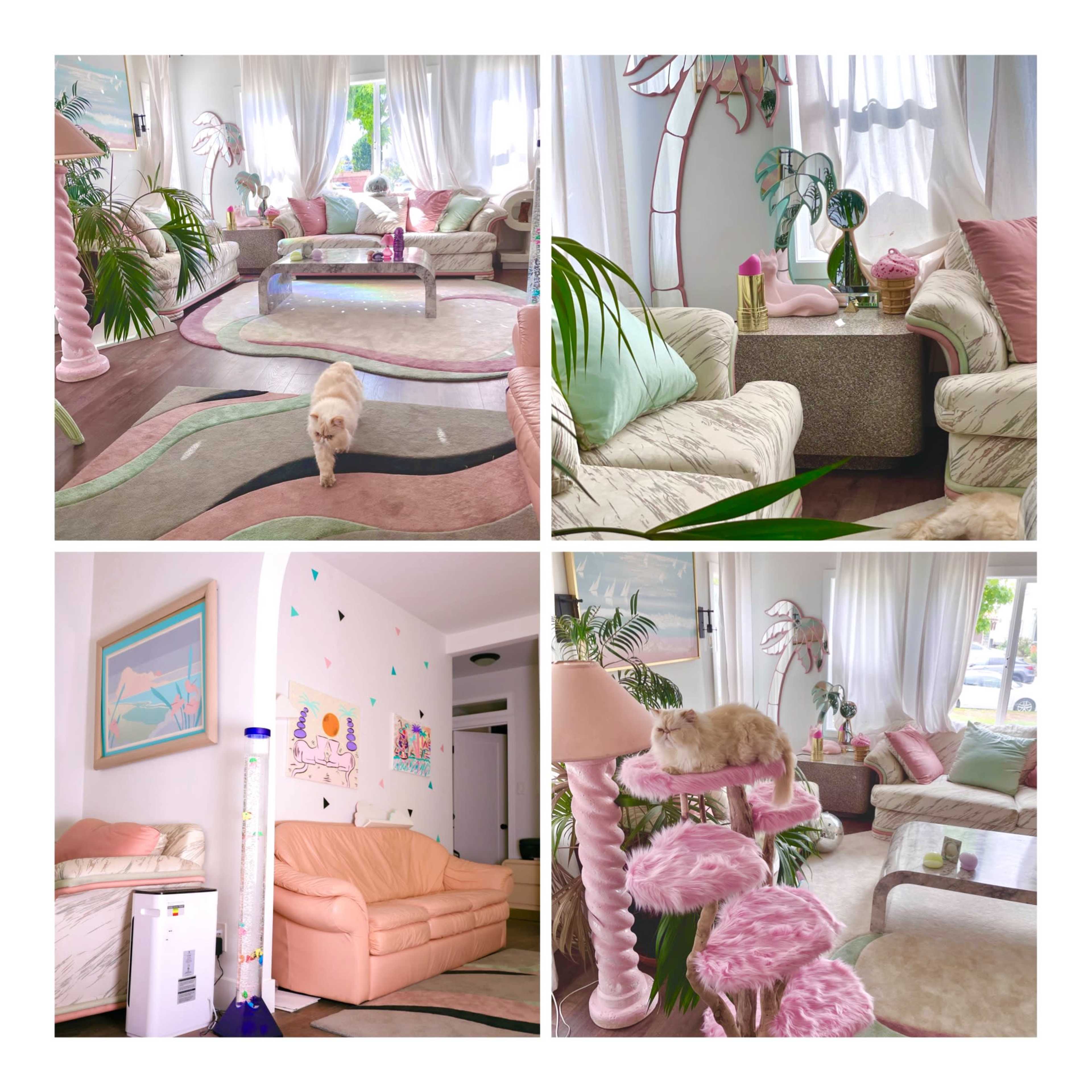 The image showcases a bright living room featuring light-colored furniture, pink accents, various plants, and a cat.