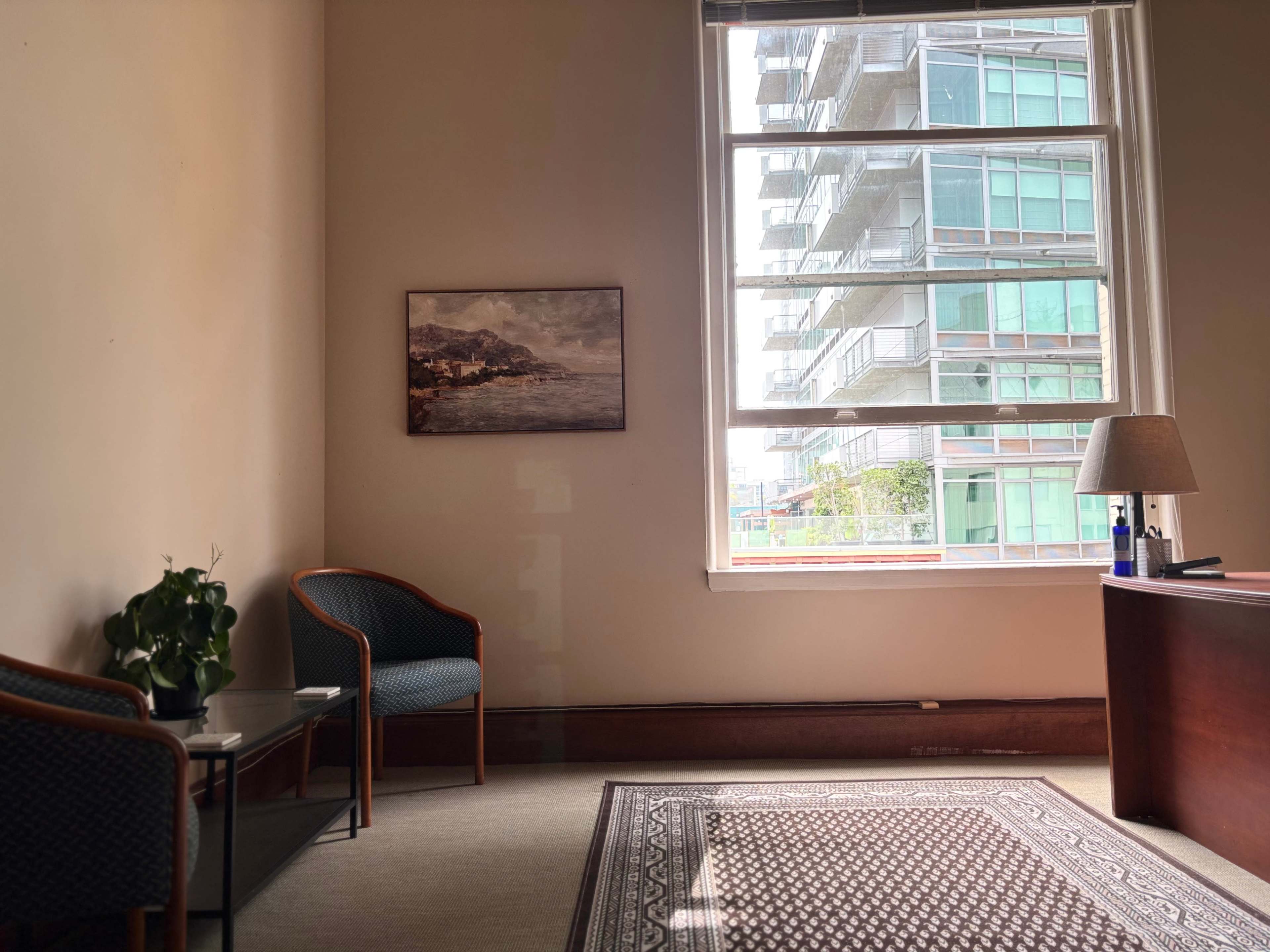 An office space features two chairs, a small table with a potted plant, an area rug, and a large window overlooking a modern building.