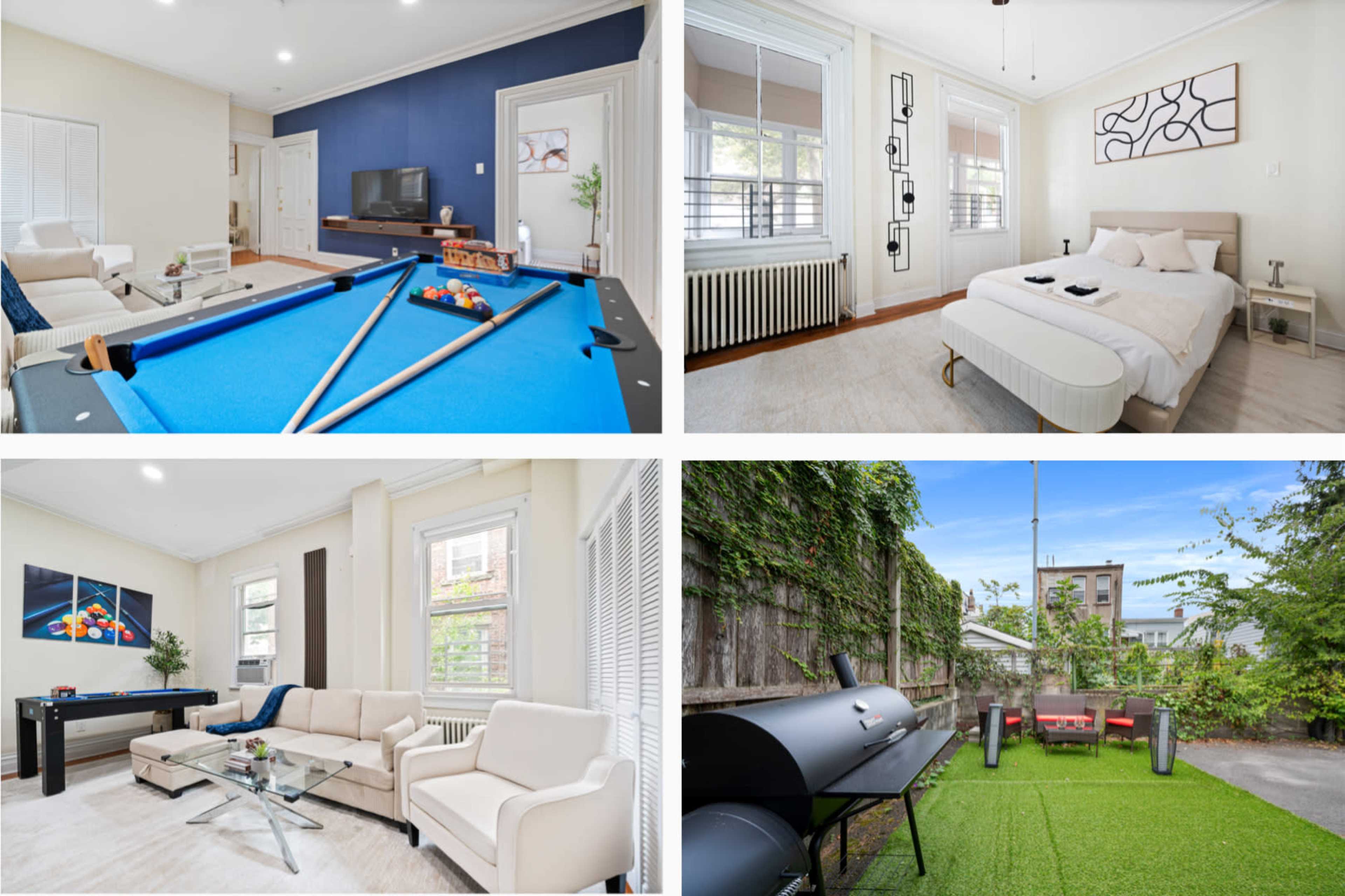 The image showcases a modern living space featuring a billiards table in one area, cozy seating arrangements in another, a stylish bedroom, and an outdoor garden with seating and a grill.