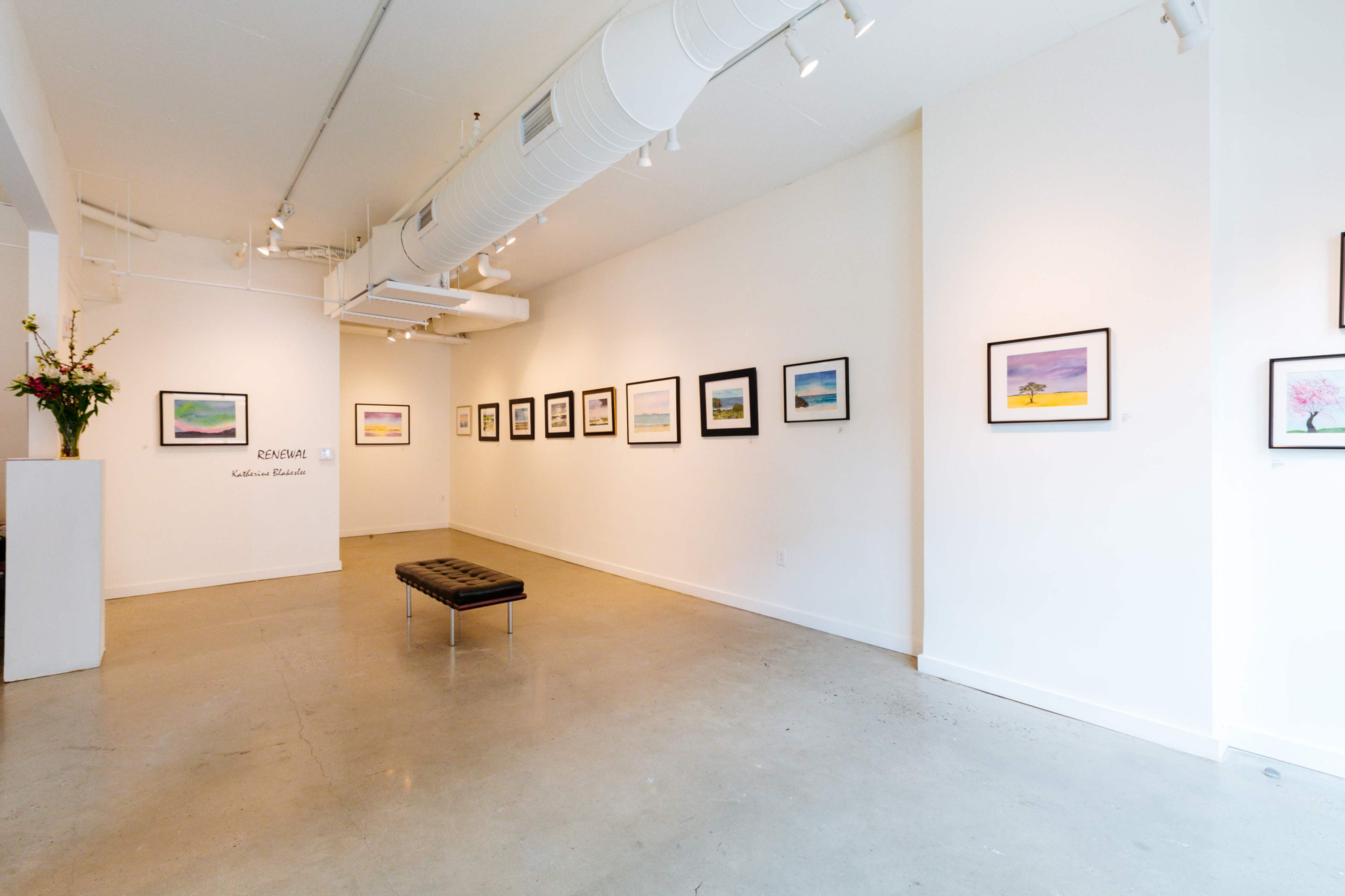 The image shows a minimalist art gallery featuring several framed watercolor paintings on a white wall, with a black bench in the center and floral arrangements in a corner.