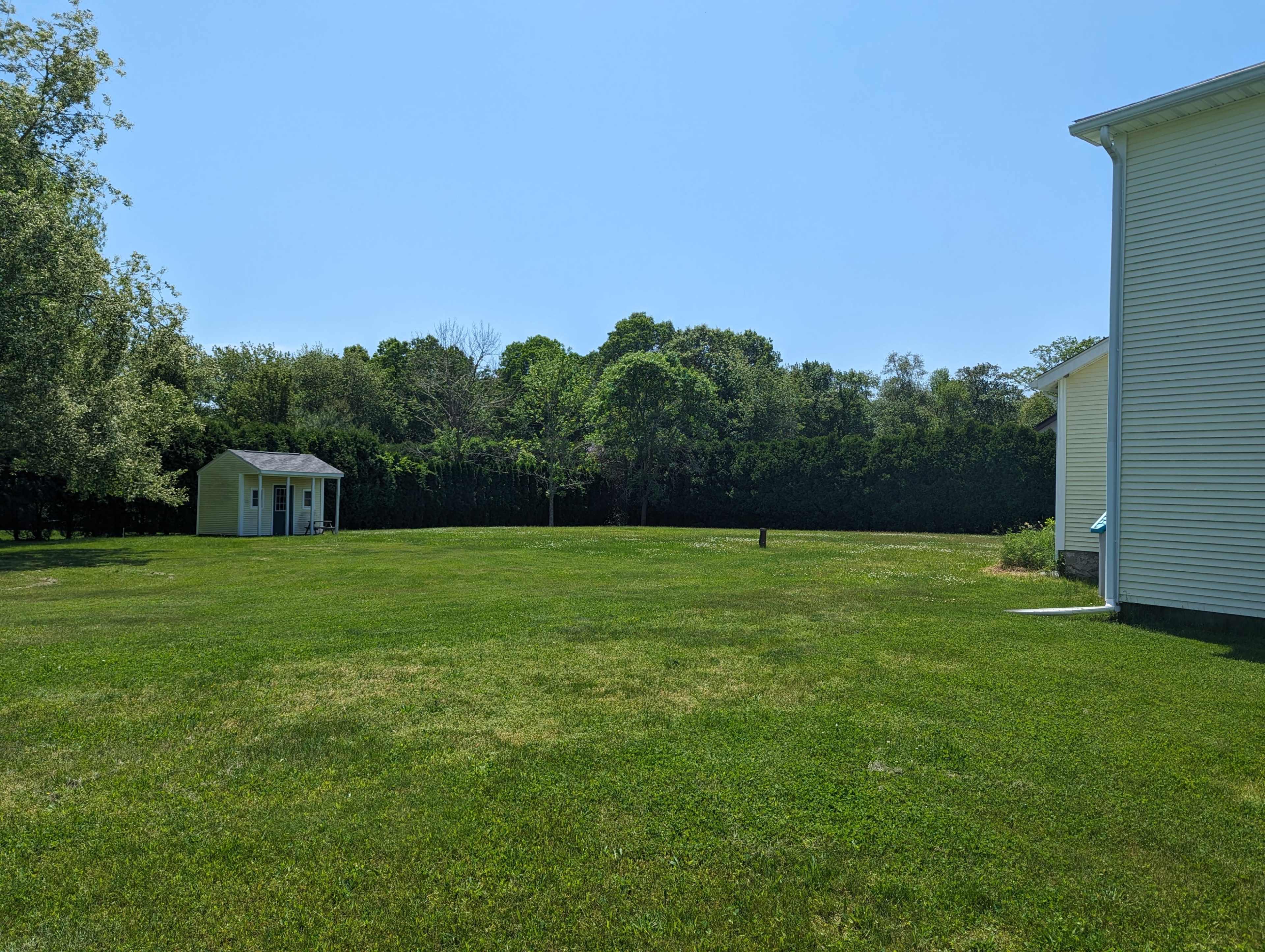 A spacious, green lawn extends to a backdrop of trees, with a small shed on the left and a white building on the right.