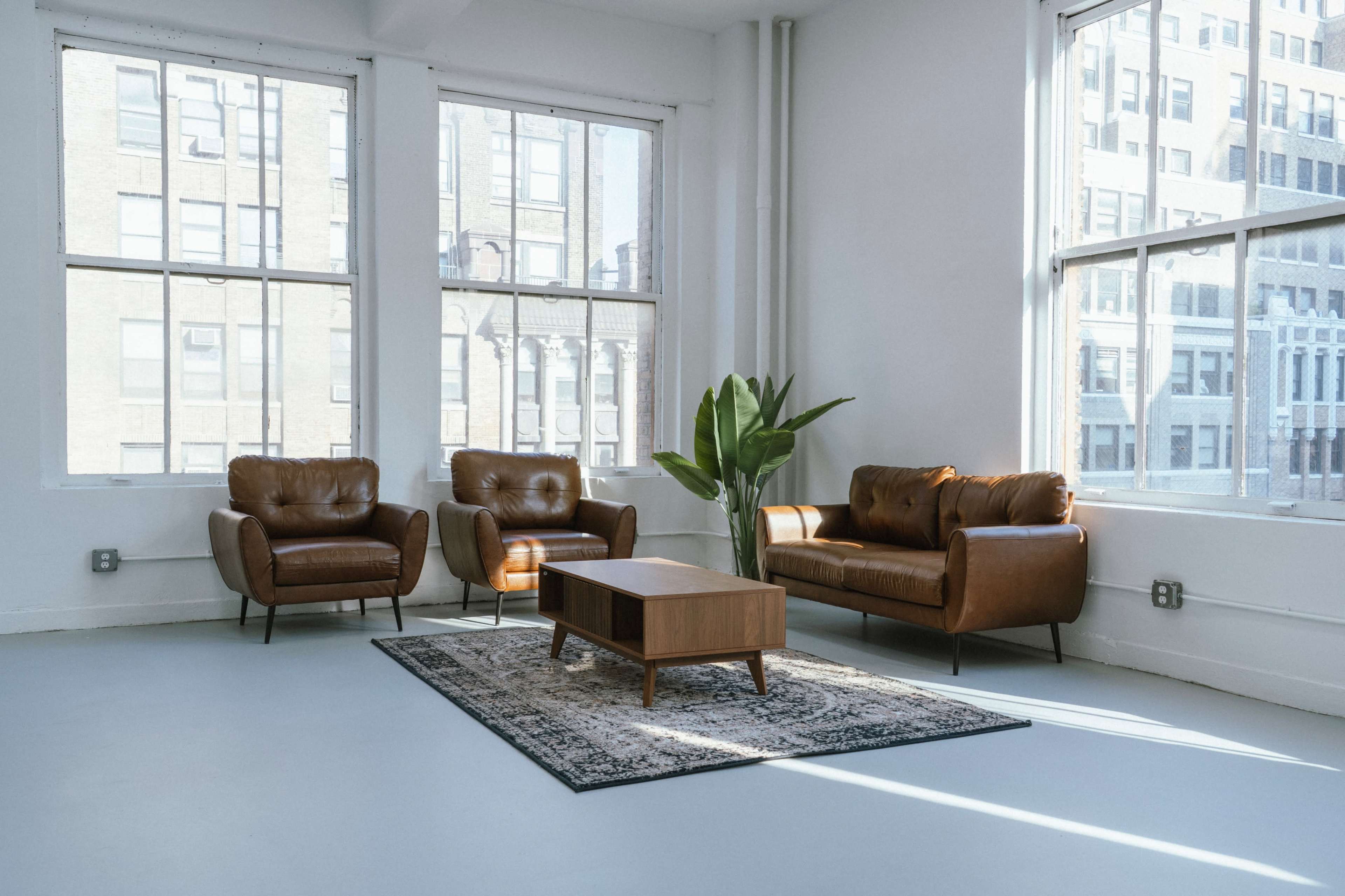 The image depicts a minimalist room with large windows, featuring two brown leather sofas, an armchair, a wooden coffee table, and a potted plant on a patterned rug.