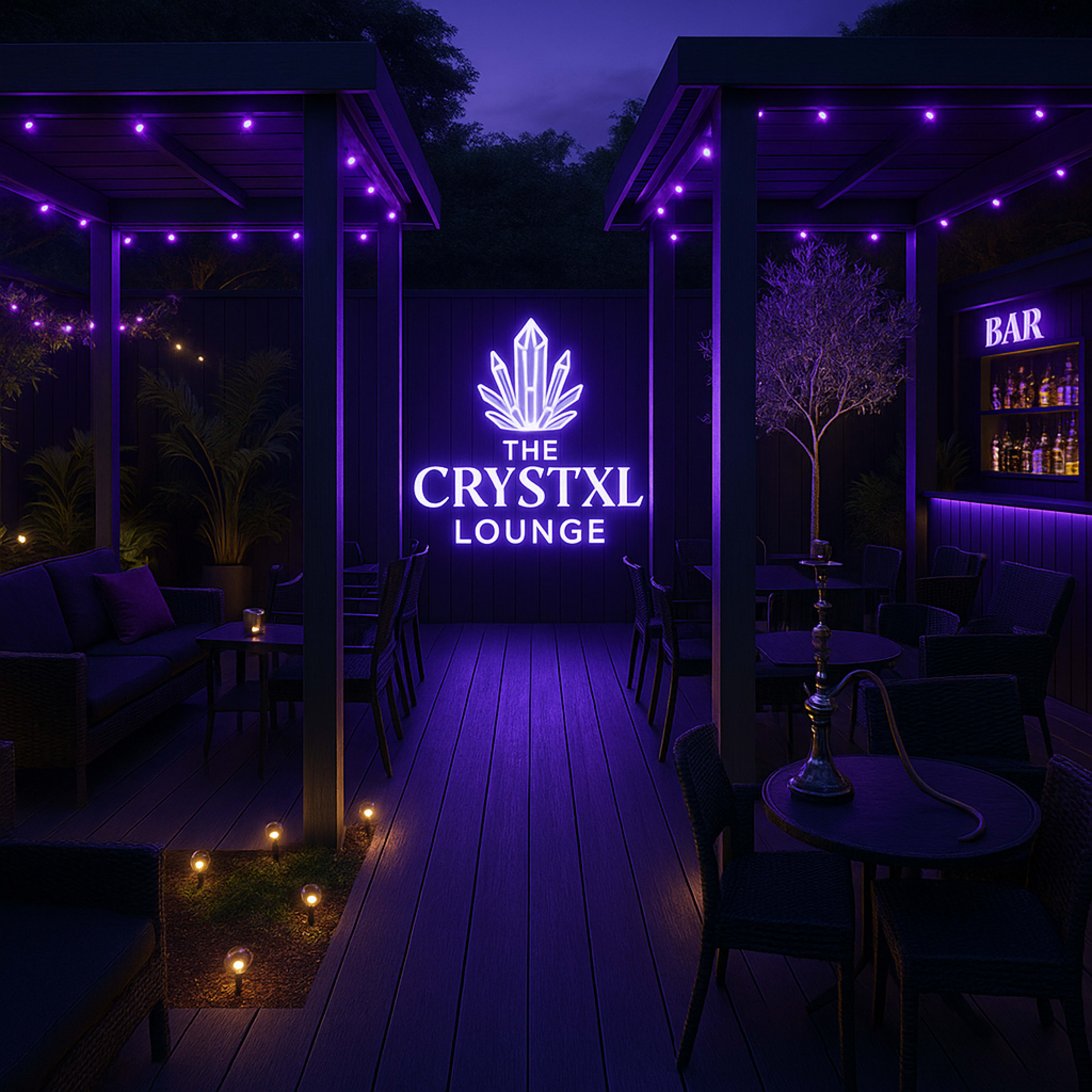 The image shows a dimly lit outdoor lounge with purple lighting, featuring a bar area, seating, and decorative plants.