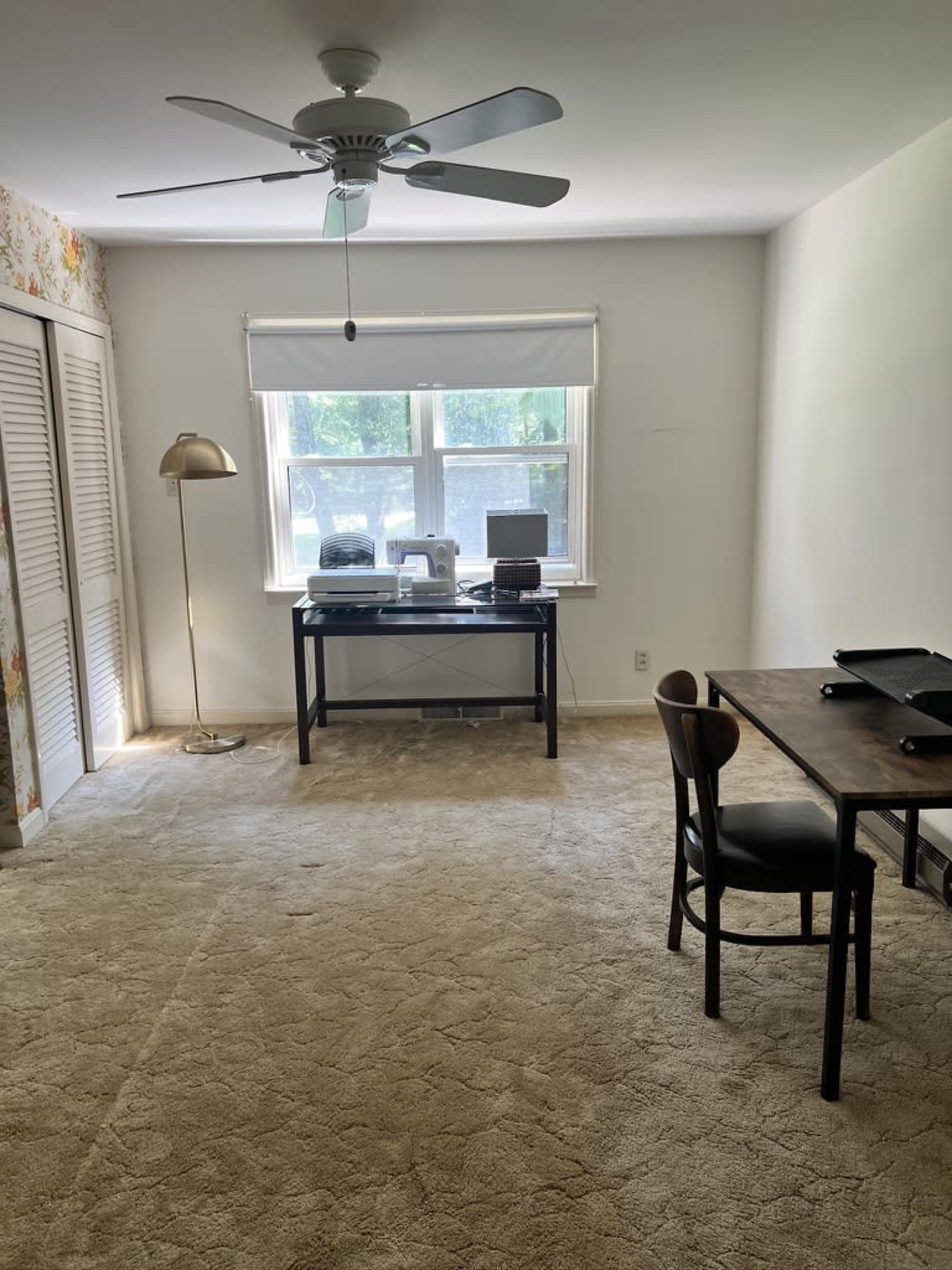 The room features a ceiling fan, a window with blinds, a desk and chair, and a floor lamp, all on carpeted flooring.
