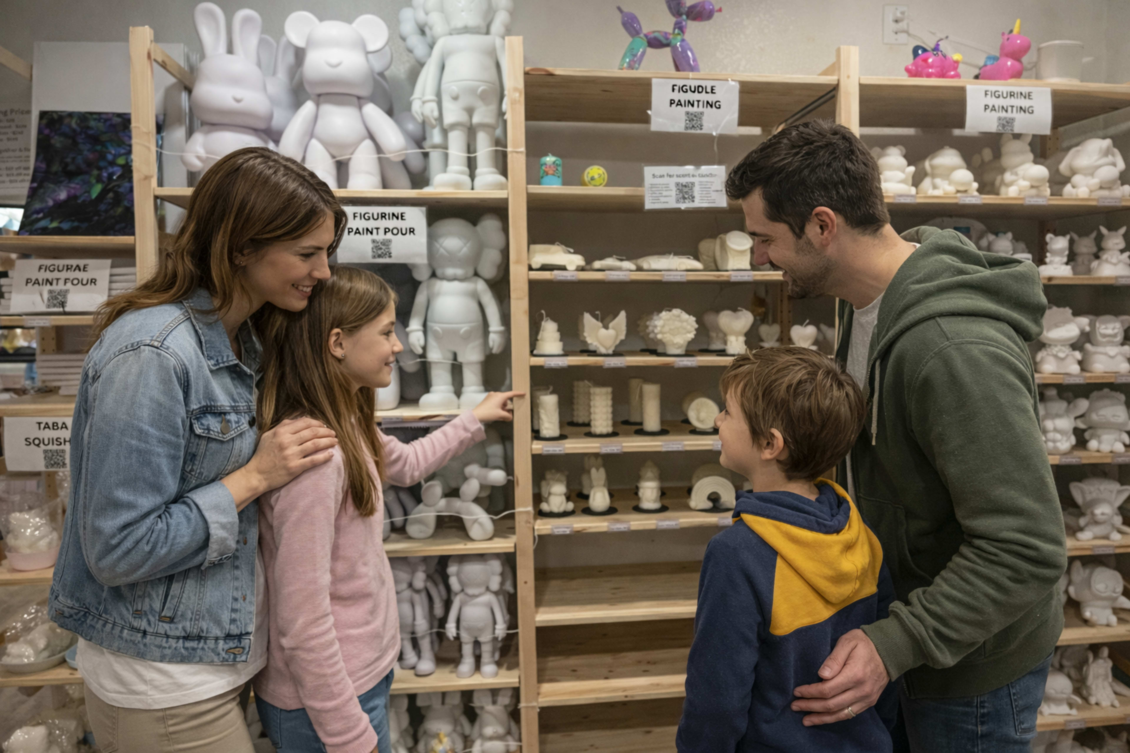 A family of four explores a shelf filled with various ceramic figurines at a craft store.