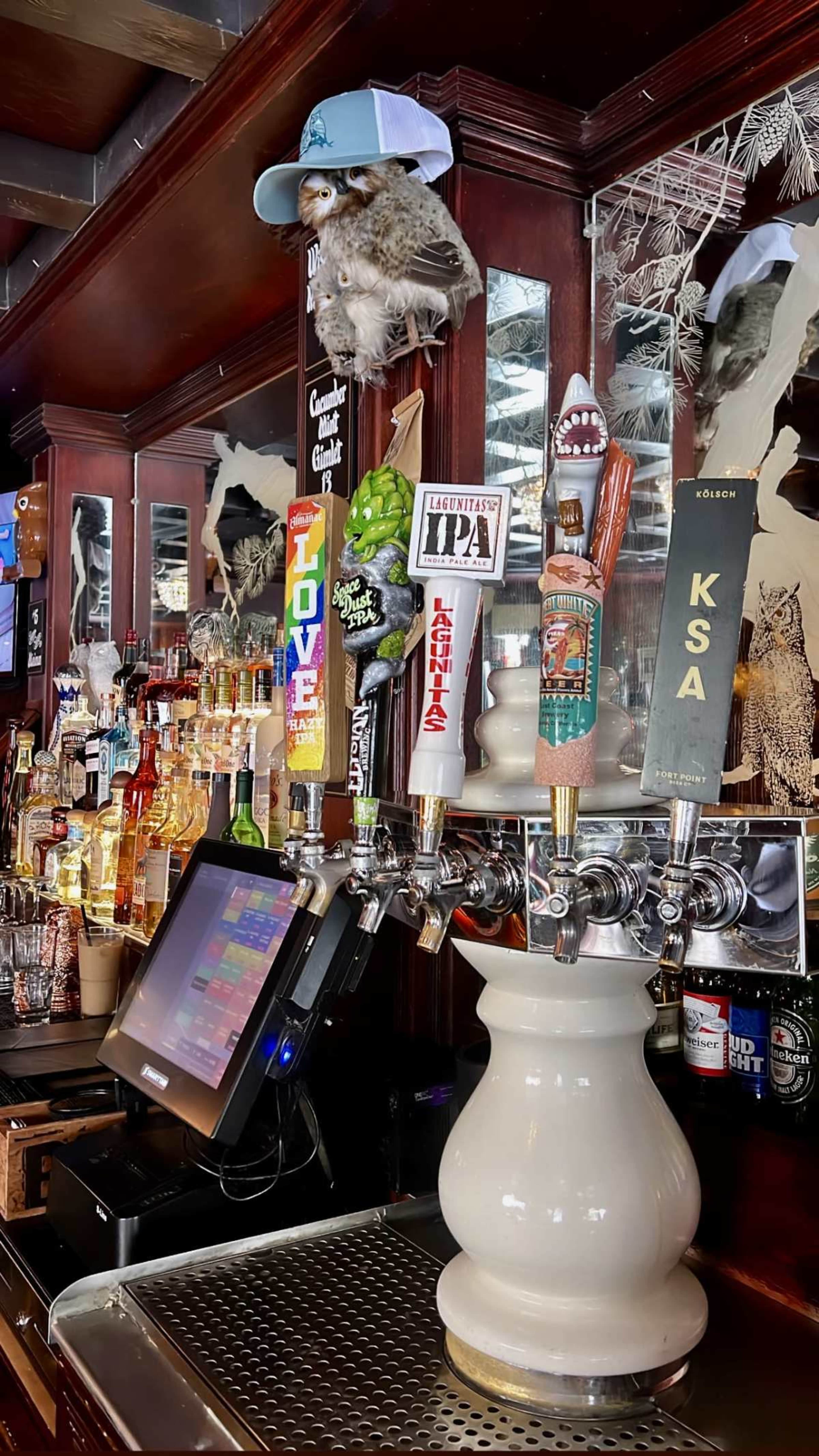 The image shows a bar with various beer taps, a touchscreen monitor, and decorative items, including a hat and an owl perched on the shelf.