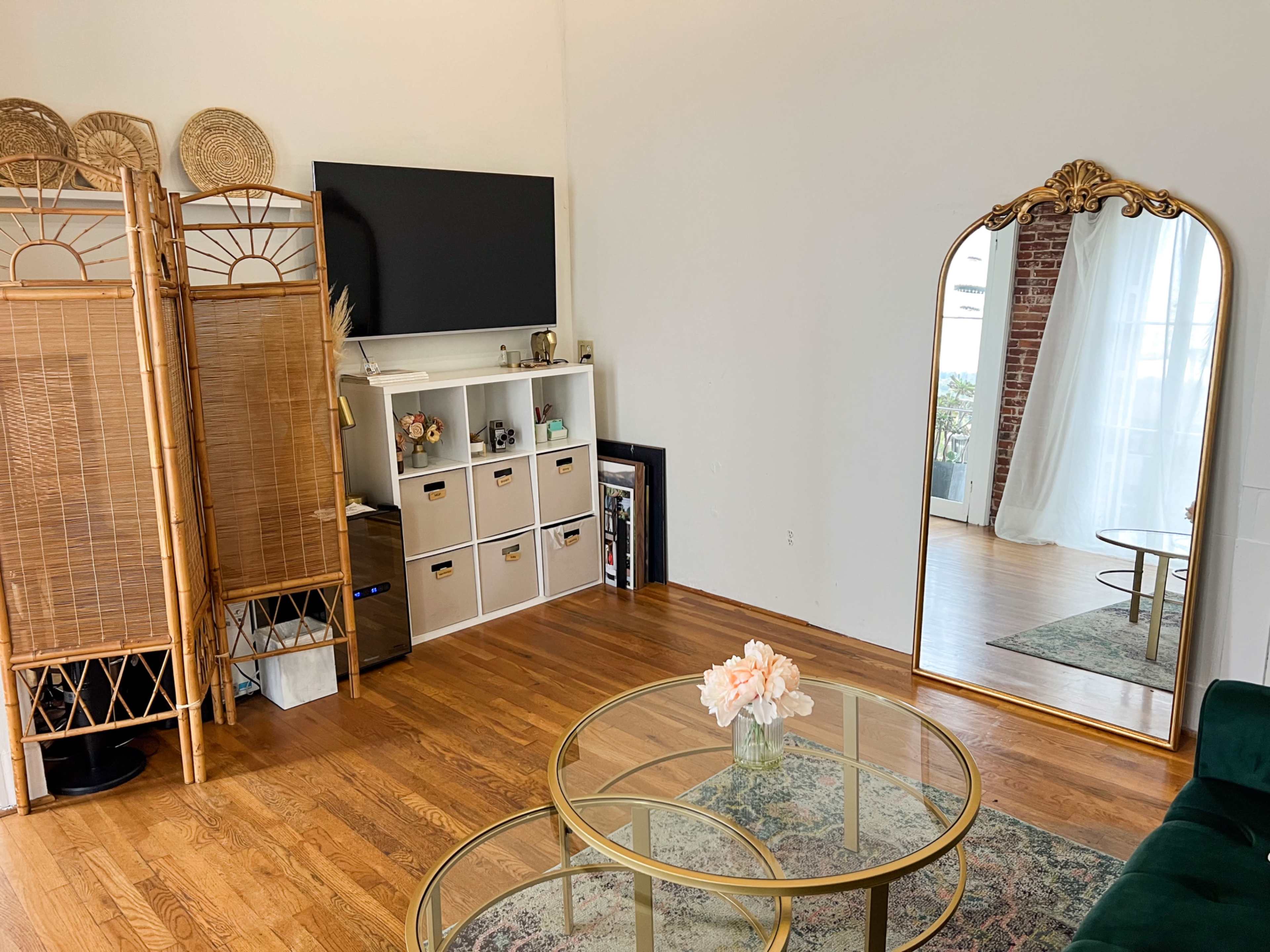 The living room features a large mirror, a television mounted on the wall, a bamboo room divider, and a coffee table on a patterned rug.