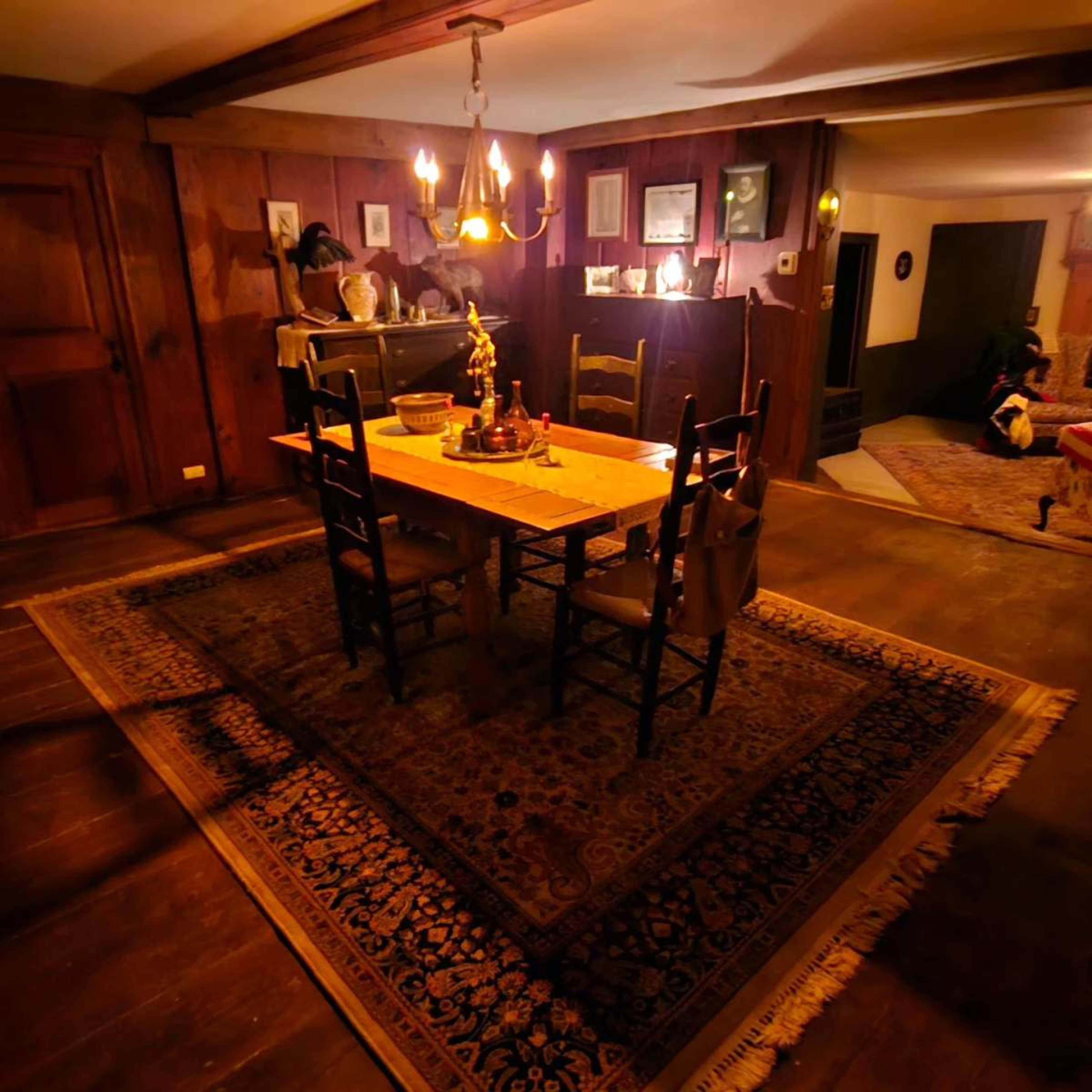 The image shows a rustic dining room with a wooden table and chairs surrounded by dark wooden paneling and a patterned rug.