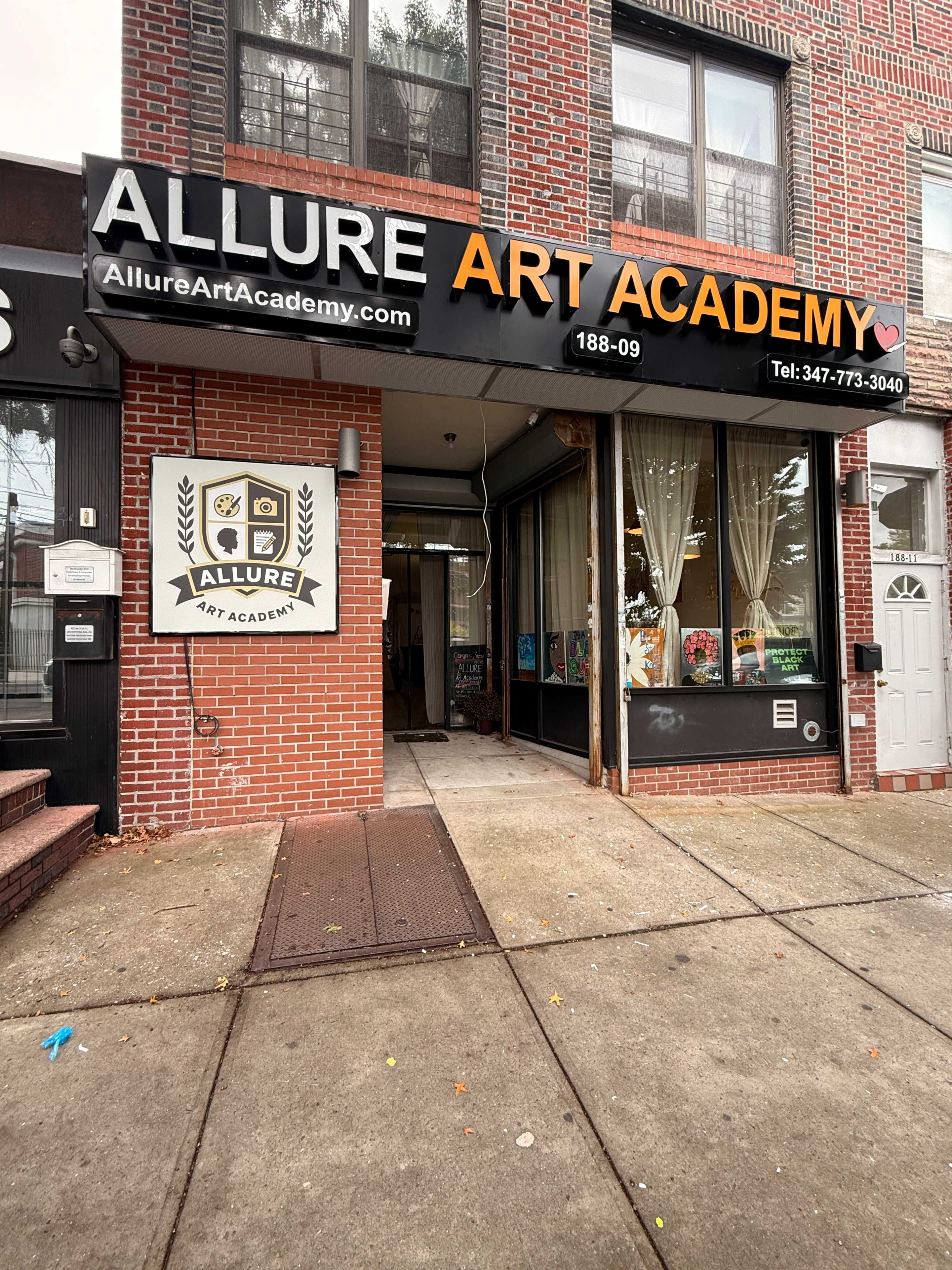 The image shows the exterior of Allure Art Academy, featuring a large sign with the academy's name, and a glass entryway displaying colorful artwork.