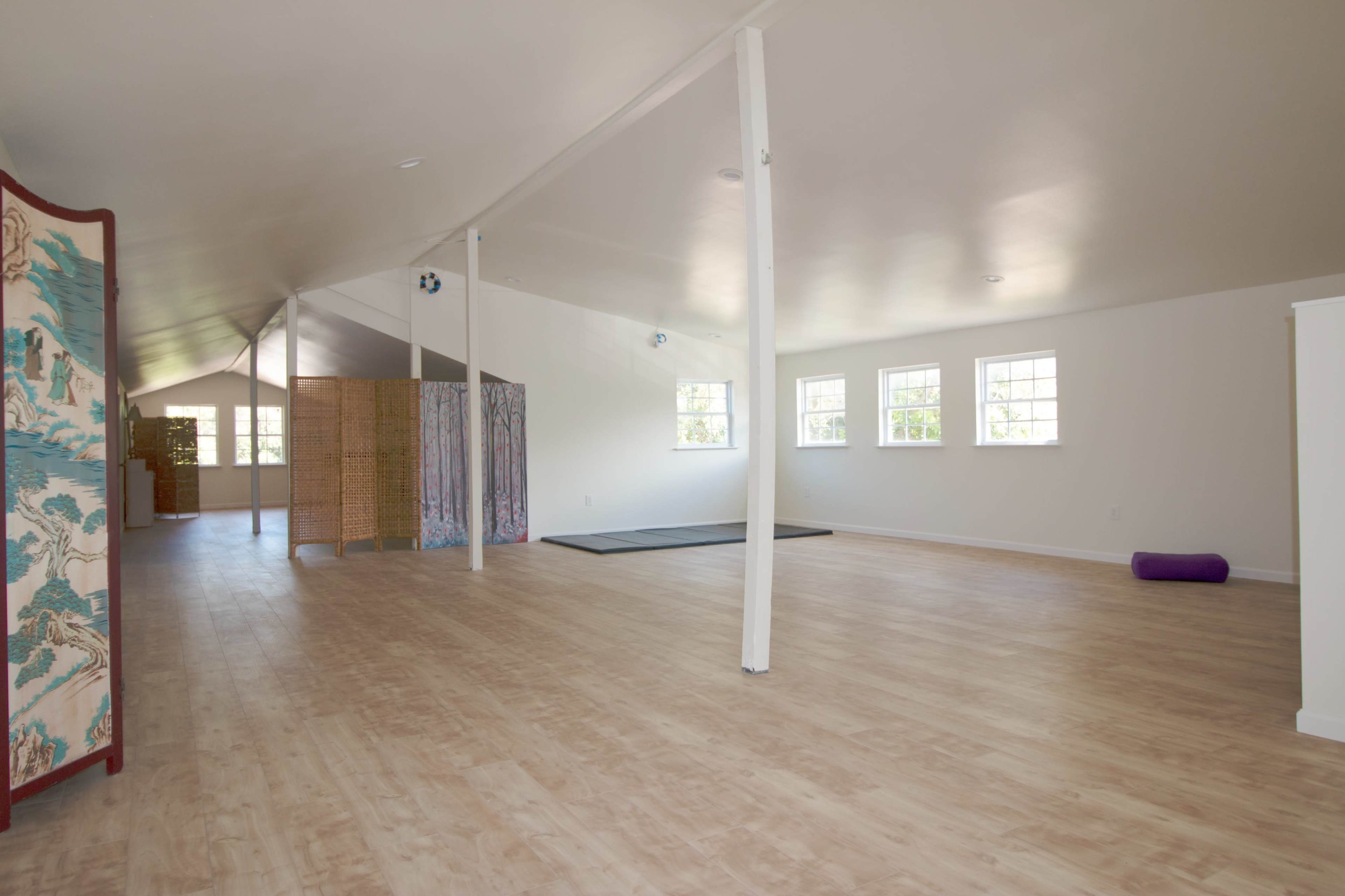 The image shows a spacious, bright room with wooden flooring, featuring a few partitions and exercise mats.
