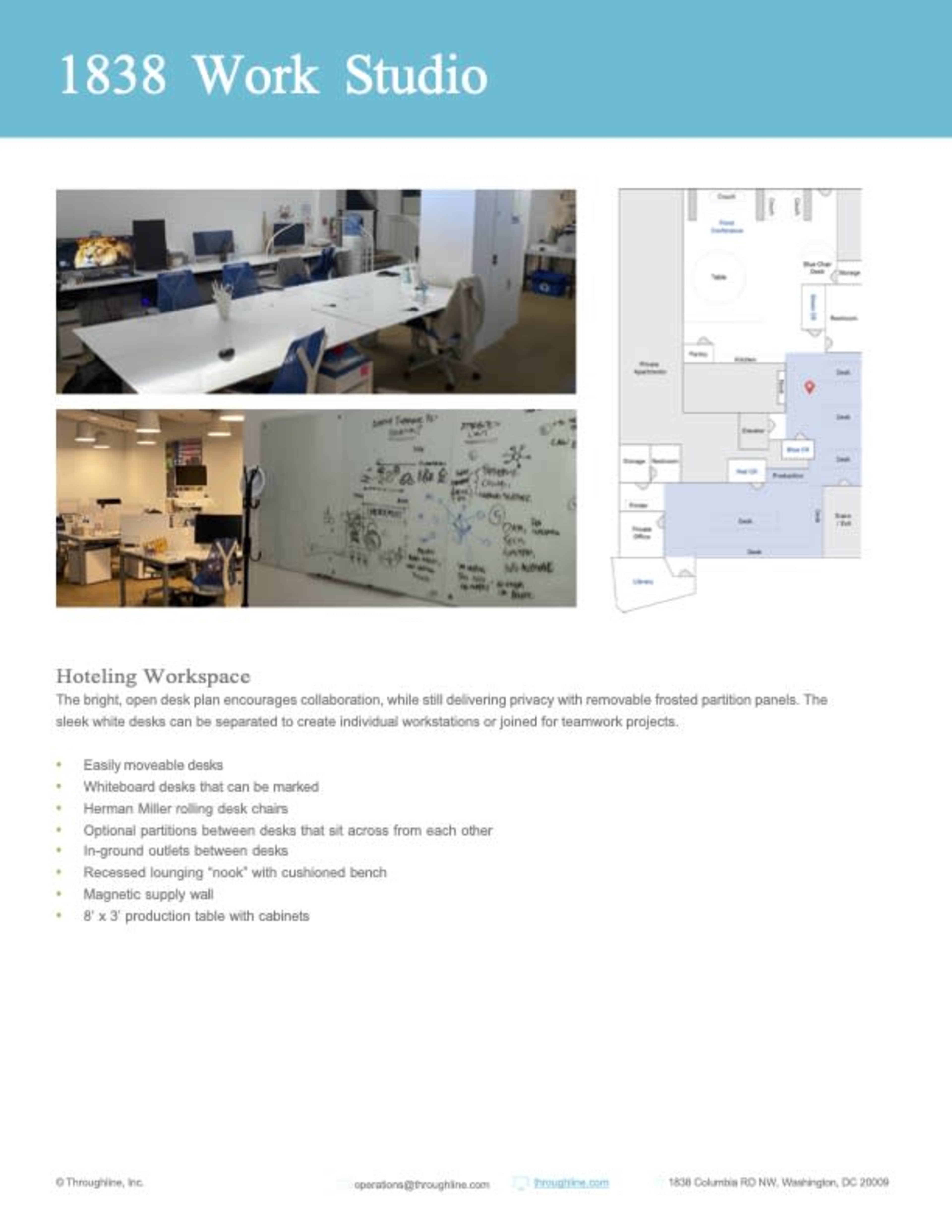 The image features a layout and description of a versatile work studio designed for collaboration, including movable desks, whiteboards, and partition panels.