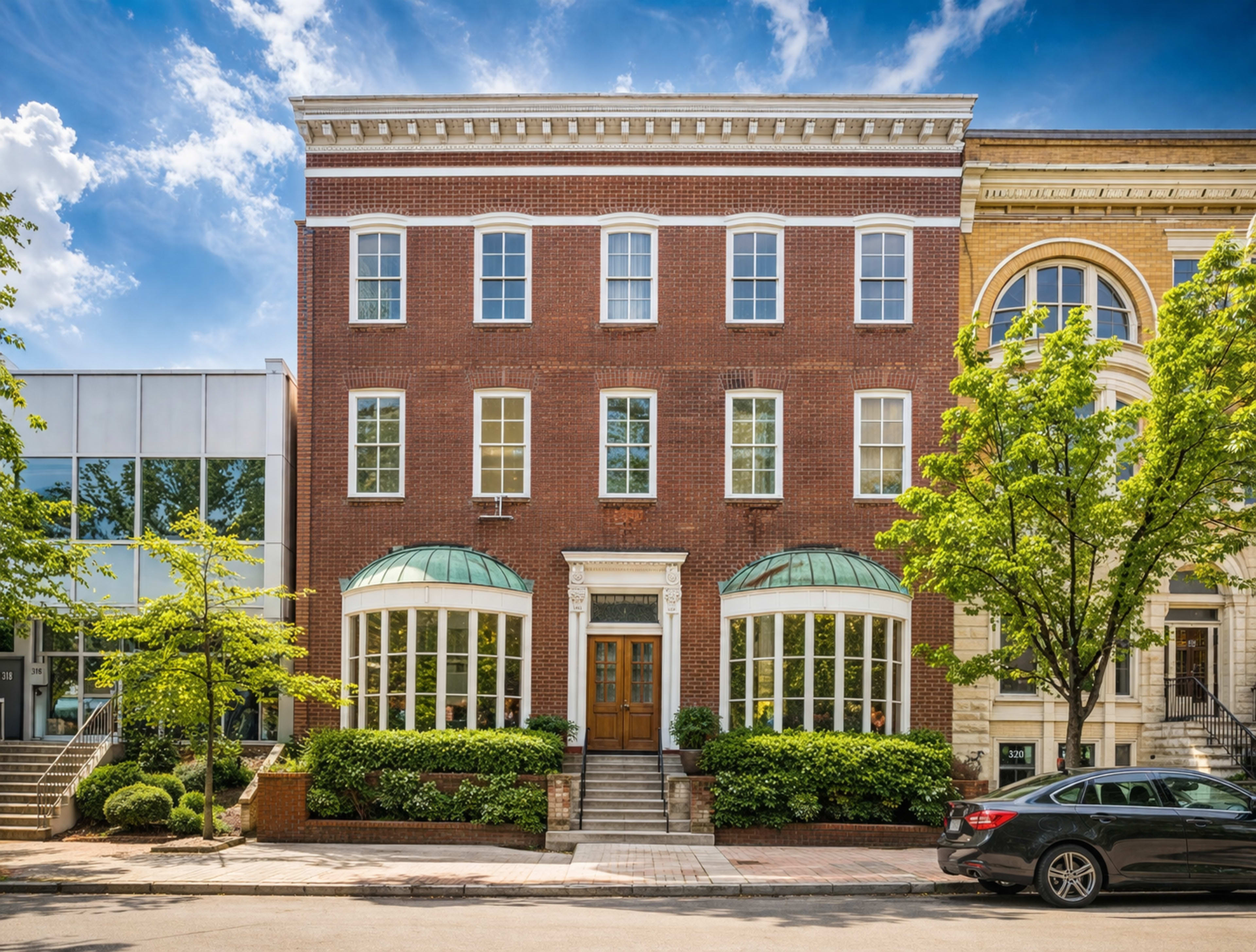 The image shows a three-story red brick building with large windows and a central entrance, flanked by two trees on a city street.
