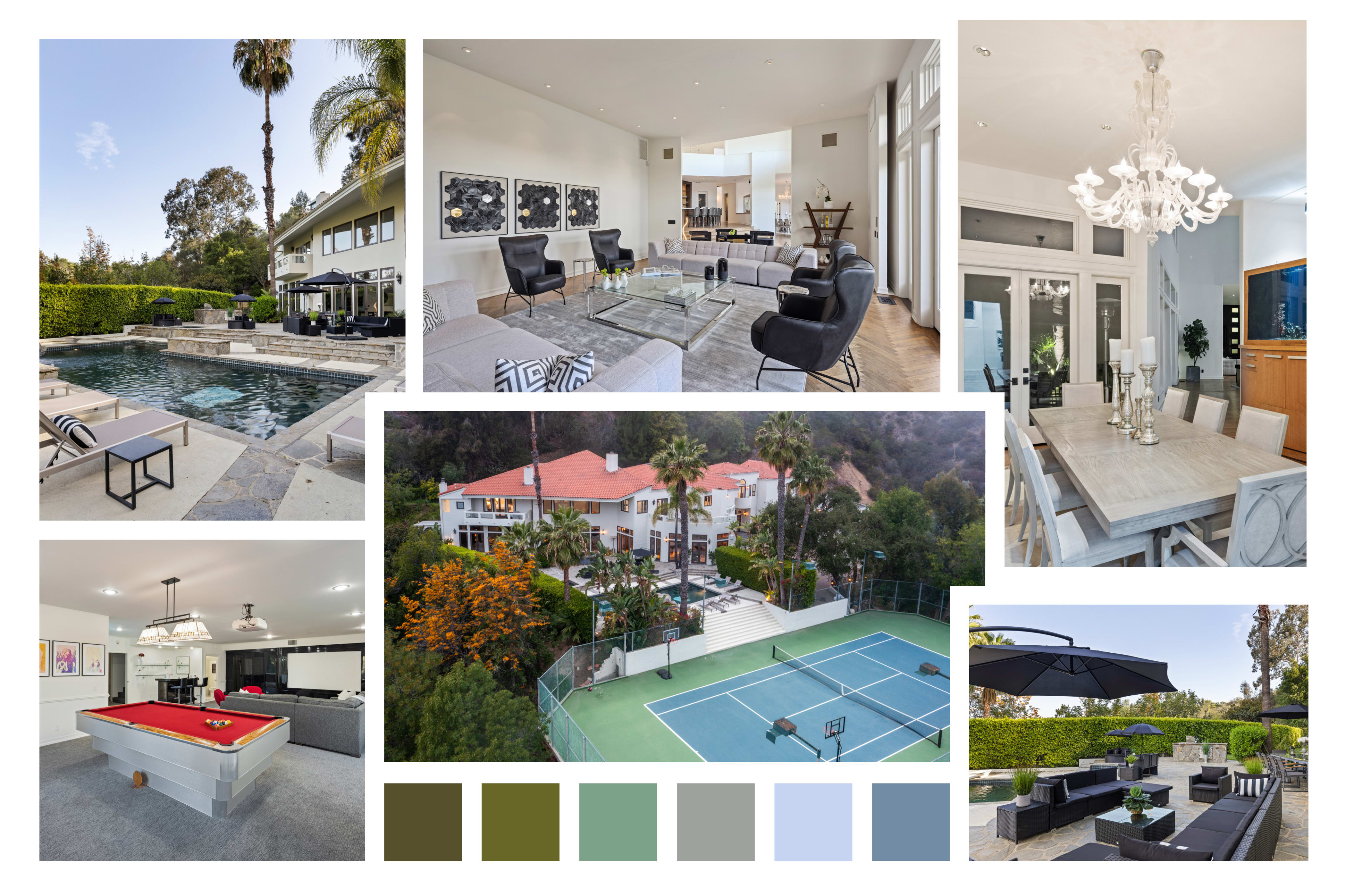 The image showcases a luxurious residential home with a swimming pool, a tennis court, and elegant indoor and outdoor living spaces.