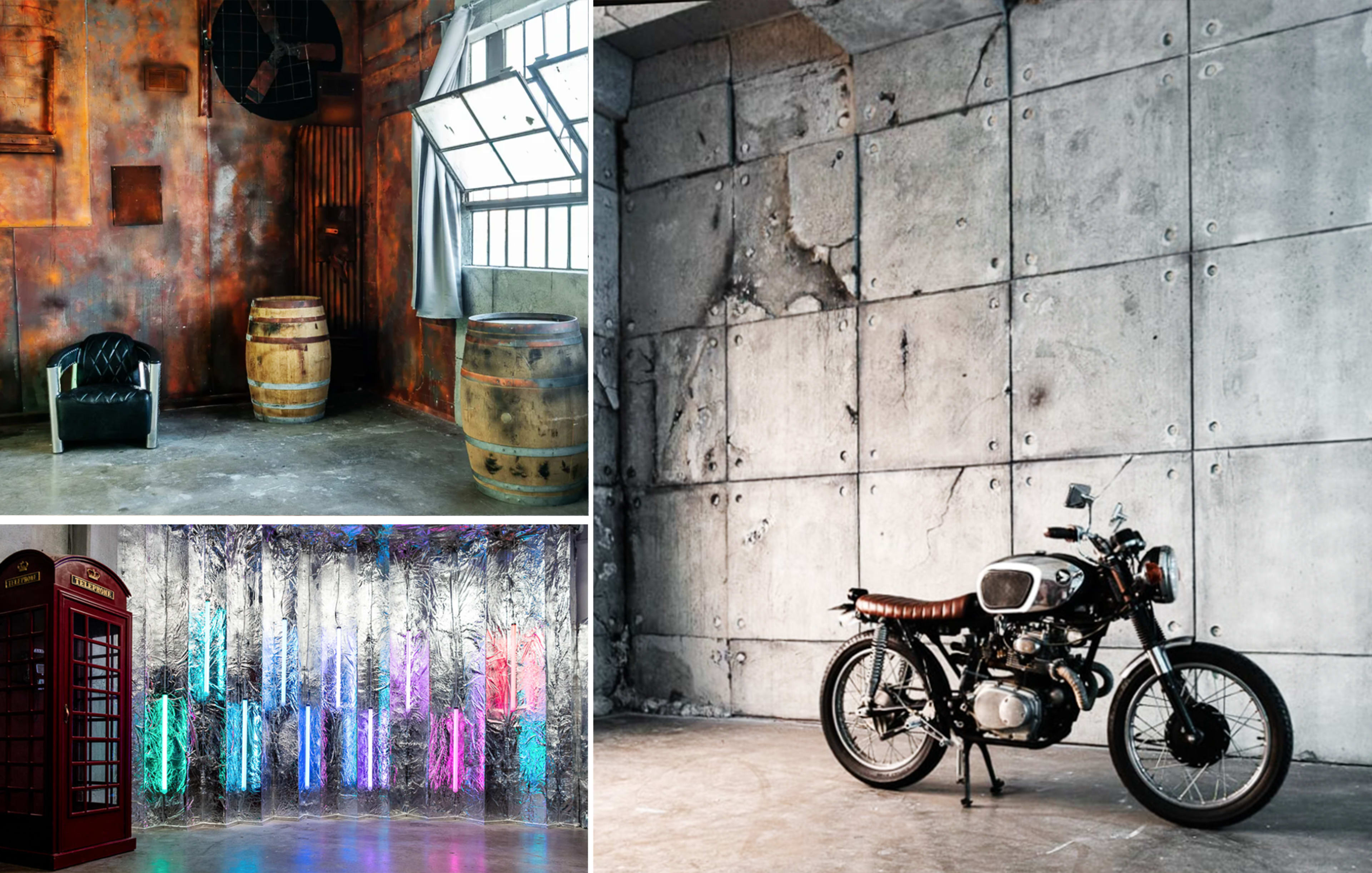 A collage of three scenes: an industrial room with a weathered wall, a vintage motorcycle beside a textured concrete wall, and a brightly lit area with colorful illuminated panels.