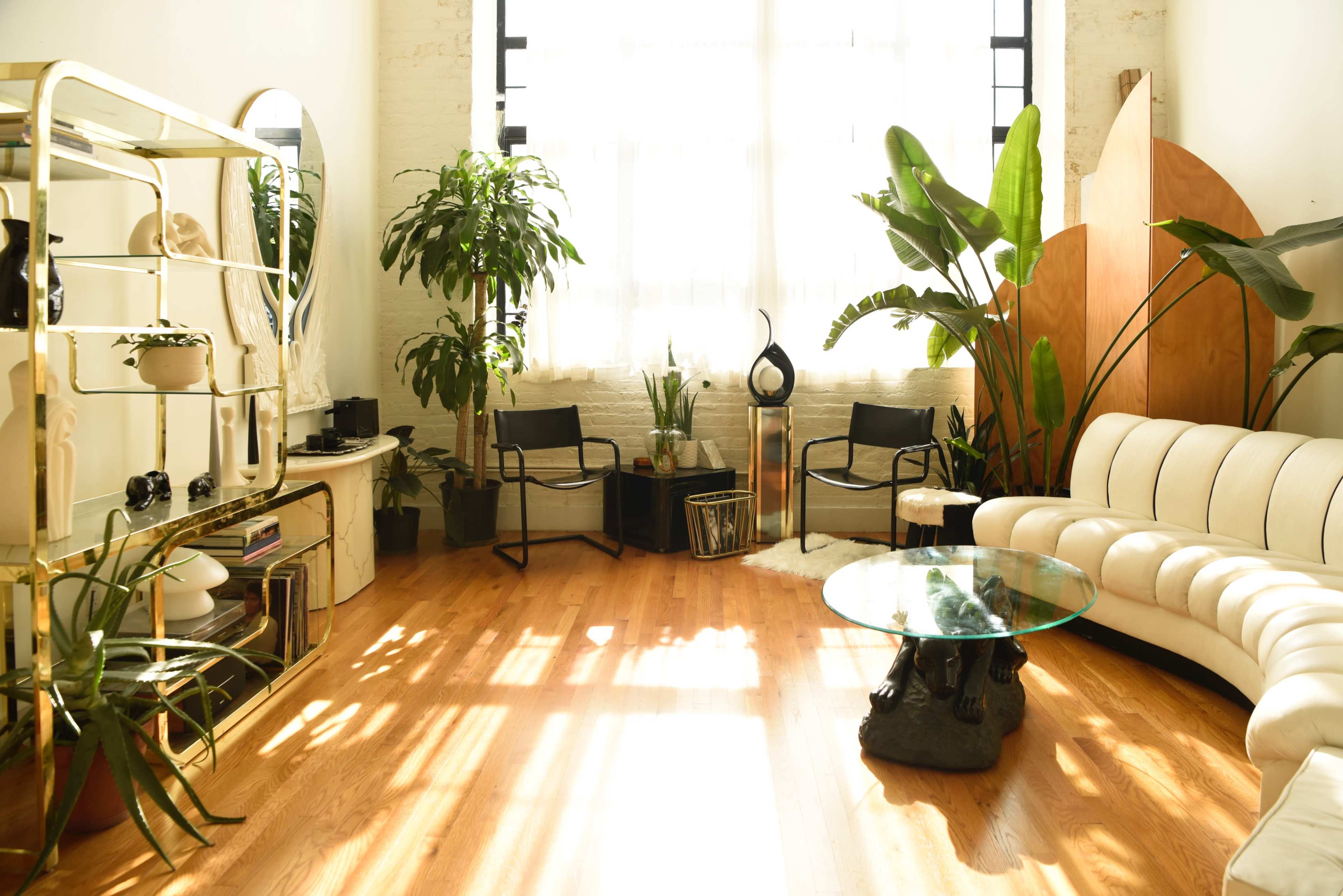 A bright living room features a white curved sofa, a glass coffee table, plants, and wooden accents, with large windows allowing natural light to fill the space.