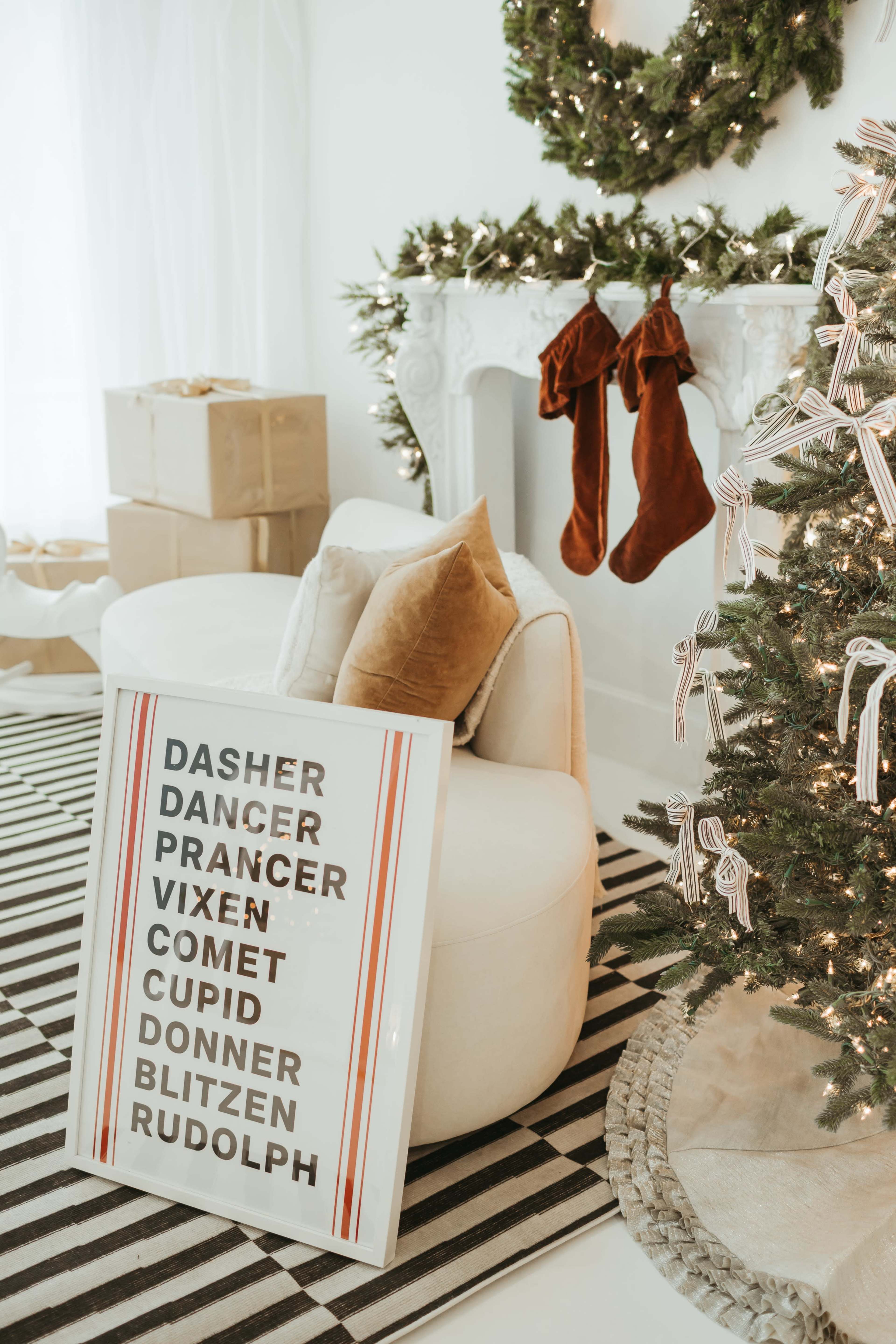 The image features a cozy living room decorated for the holidays, with a white chair, a Christmas tree, a fireplace adorned with stockings, and a sign listing the names of Santa's reindeer.