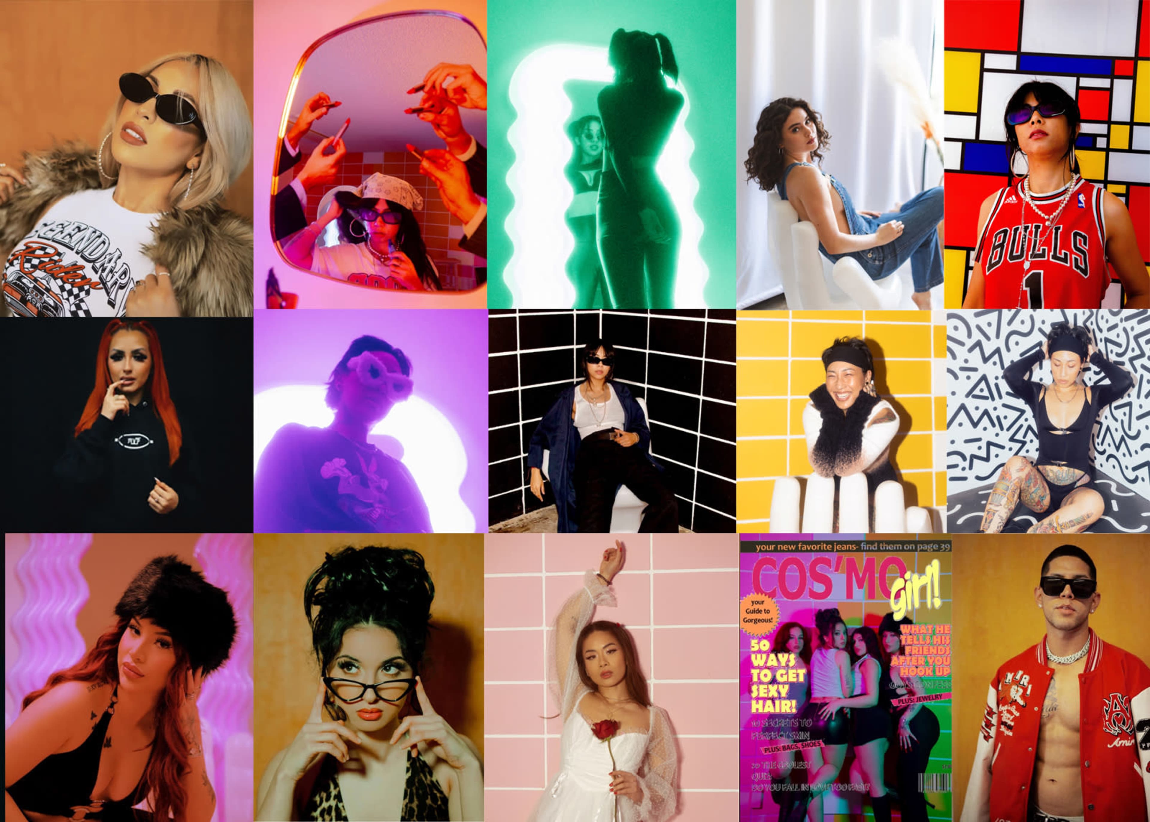 The image showcases a collage of diverse portraits featuring individuals posing in various colorful and styled backgrounds, each with unique fashion choices and expressions.