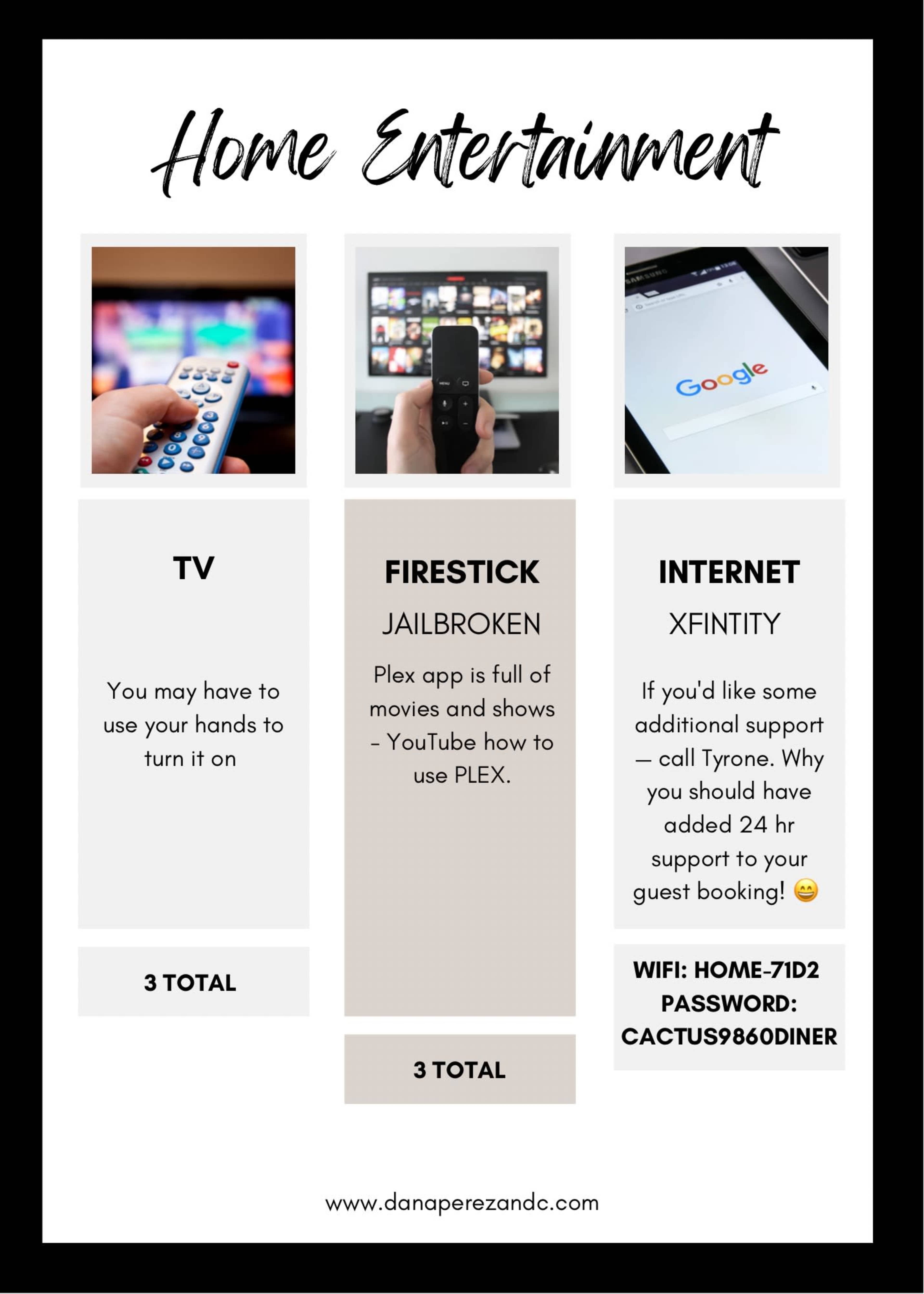 The image displays a graphic titled "Home Entertainment," featuring three sections: TV with instructions for usage, a jailbroken Firestick with Plex information, and Xfinity Internet details, including Wi-Fi name and password.