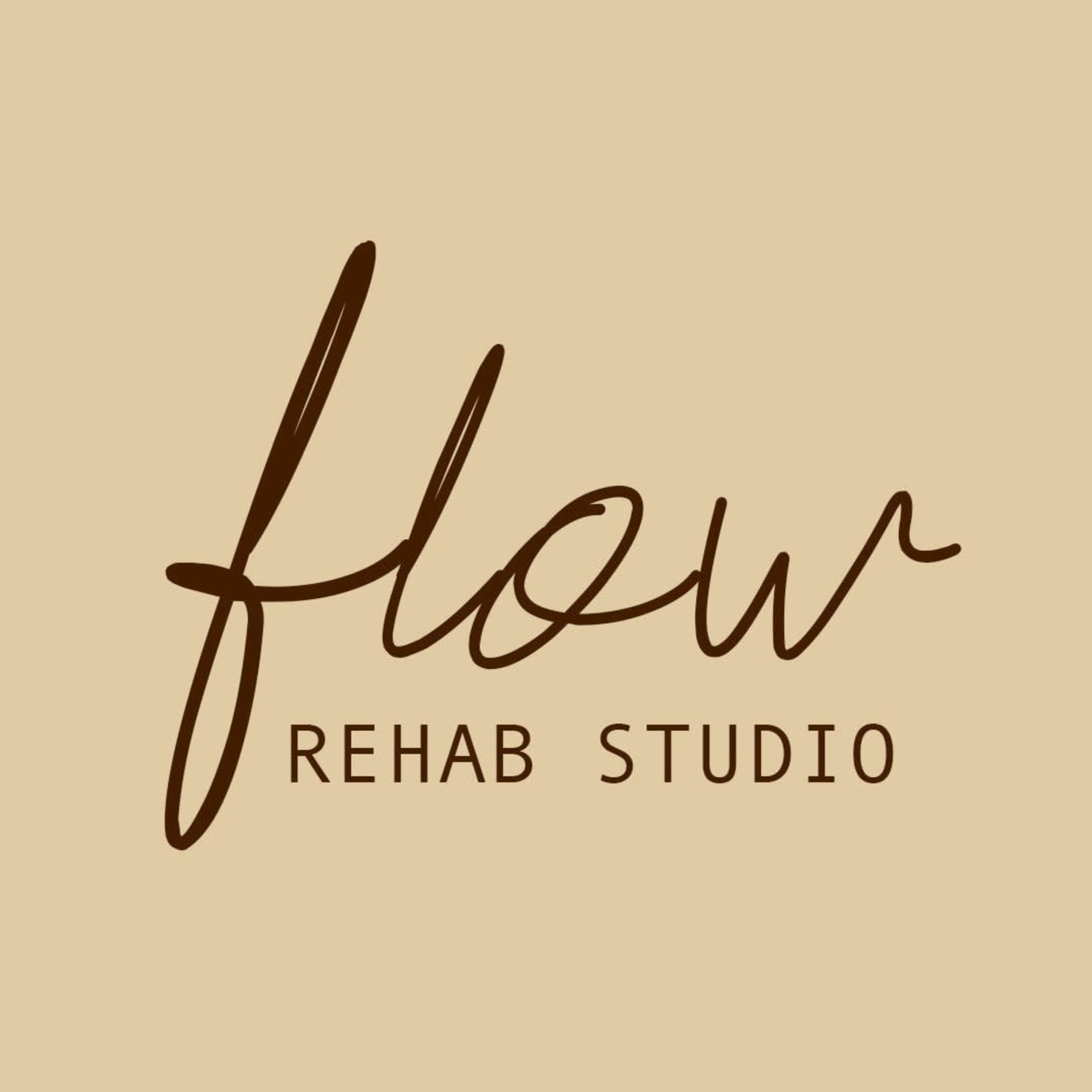 The image features a simple logo design with the text "flow REHAB STUDIO" in a stylish cursive and bold font on a beige background.