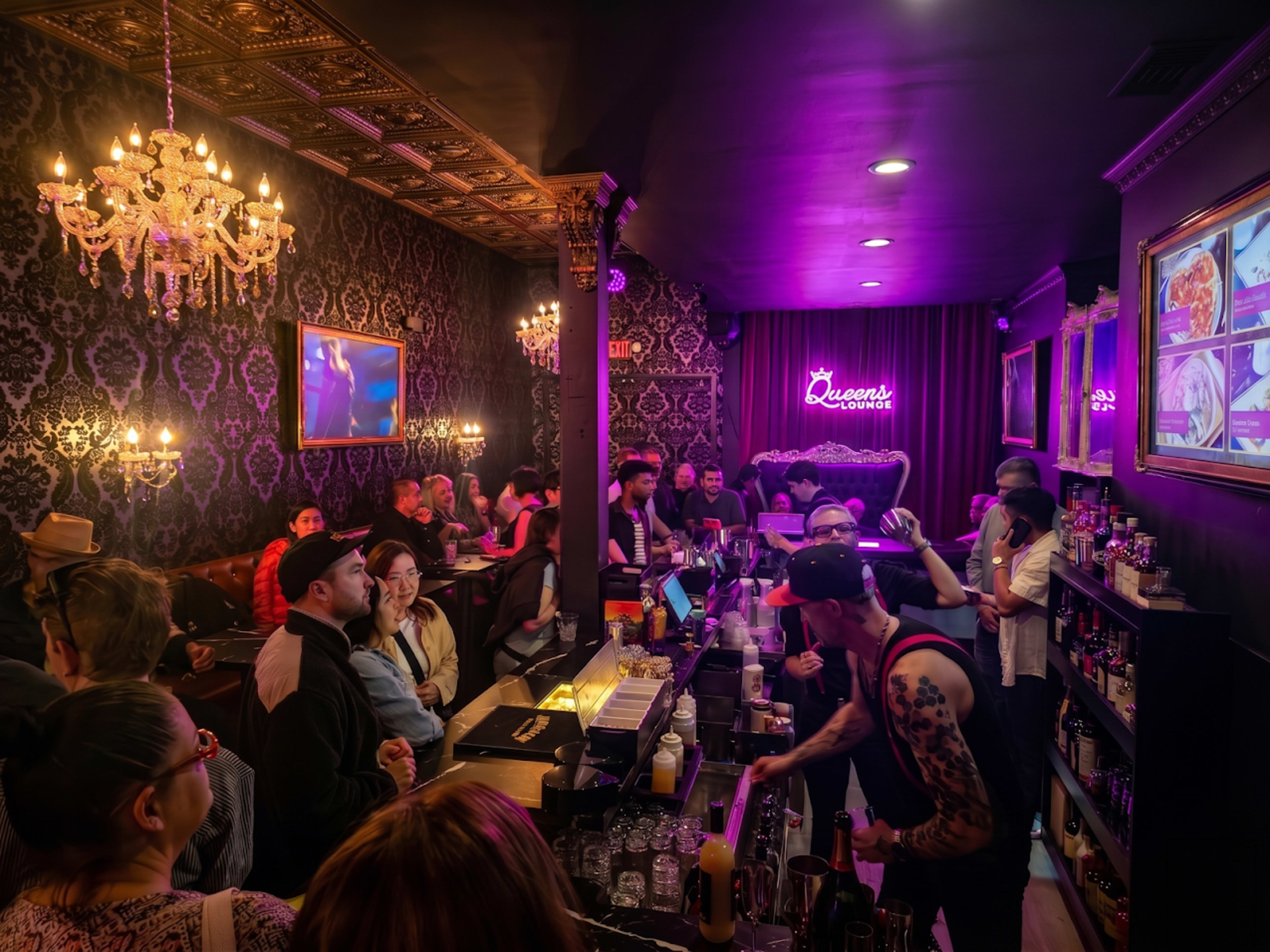 The image shows a bustling bar scene with patrons socializing and a bartender preparing drinks under dim, purple lighting and ornate chandeliers.