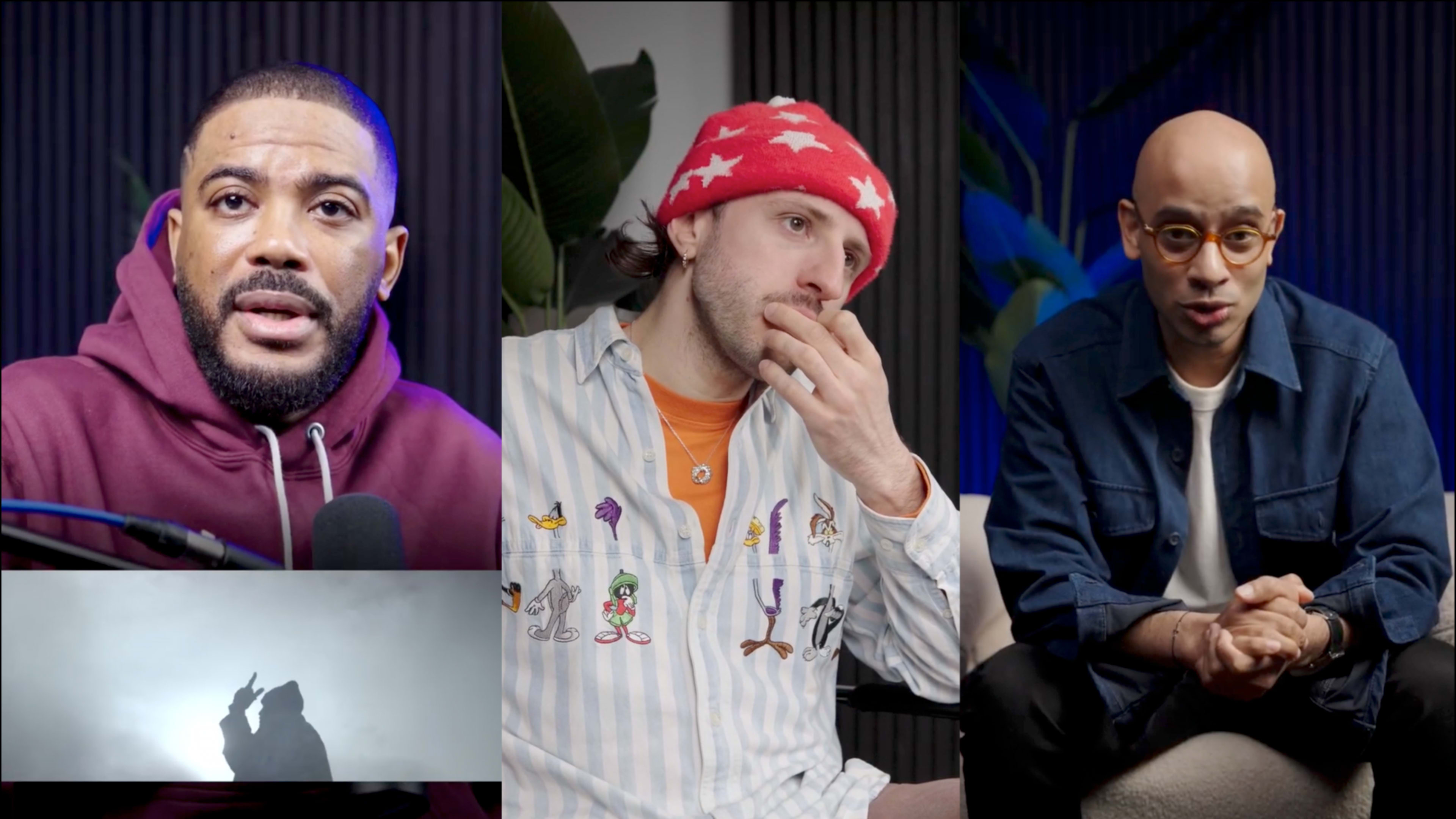 Three men in different settings: one wearing a hoodie and speaking into a microphone, another in a colorful beanie with a patterned shirt, and the third wearing glasses and a denim jacket, all seemingly engaged in conversation.