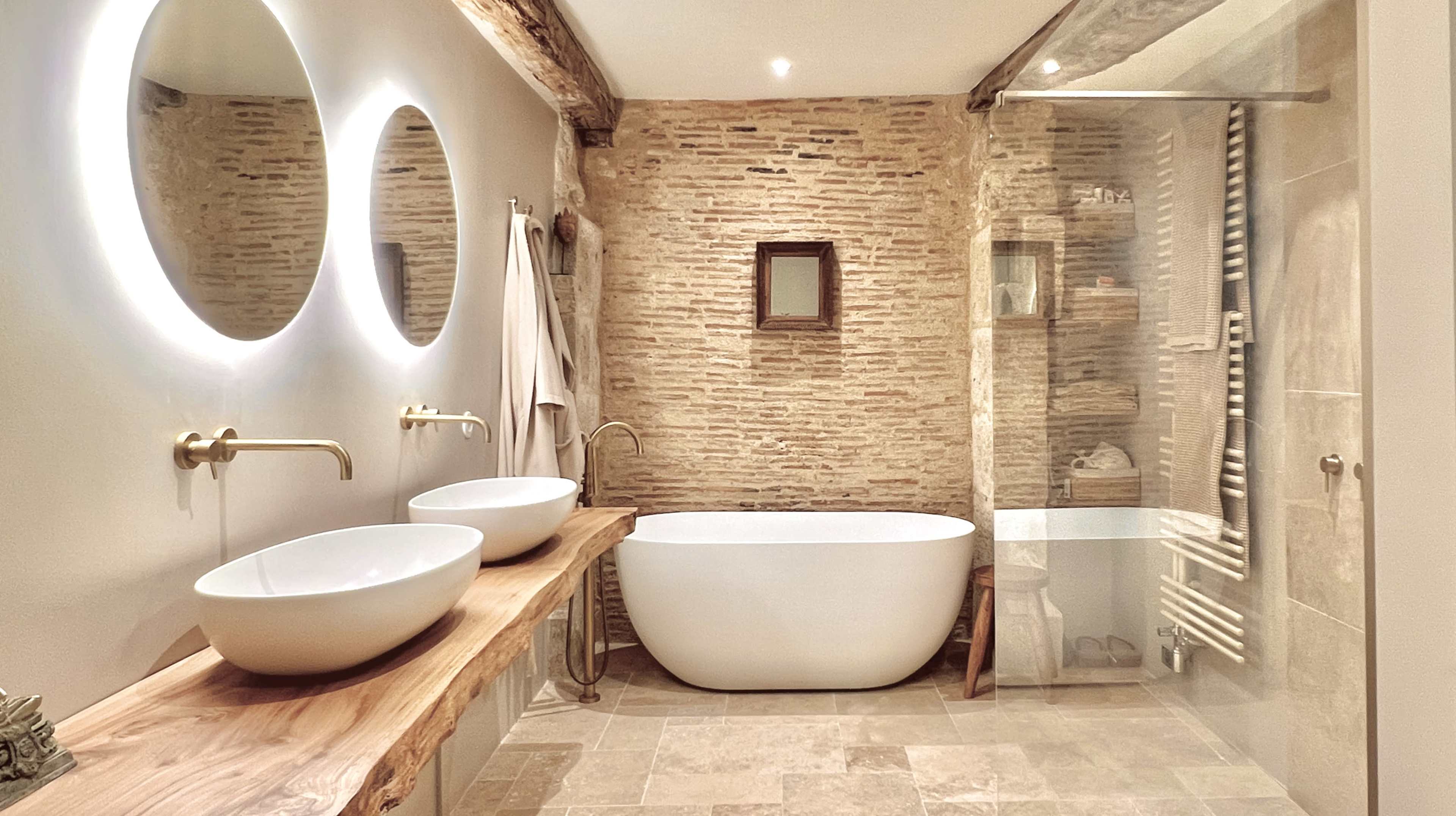 The image shows a modern bathroom featuring a freestanding white bathtub, two round sinks on a wooden countertop, and textured stone walls.