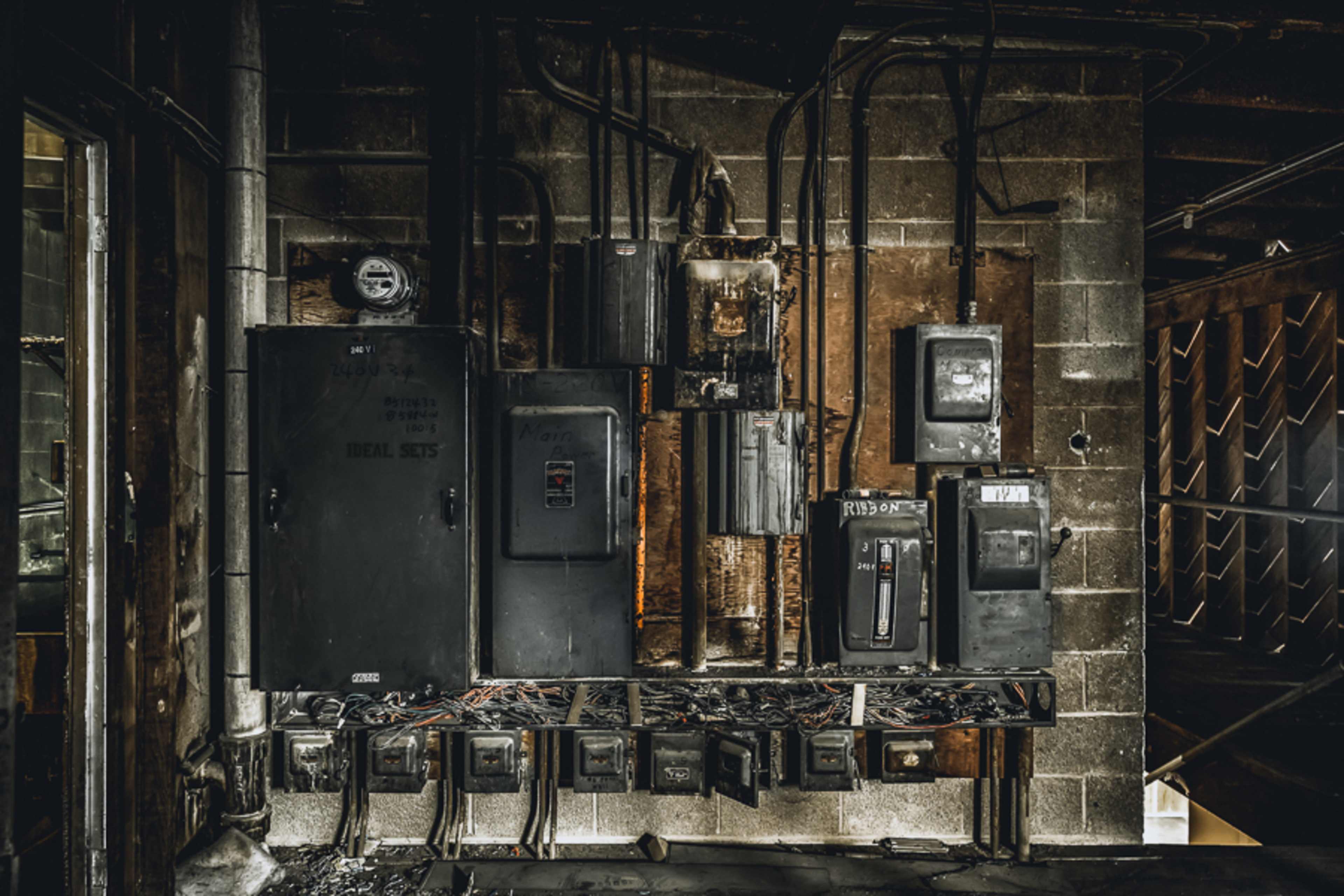 A wall-mounted electrical panel with various circuit breakers and meters in a dimly lit industrial space.