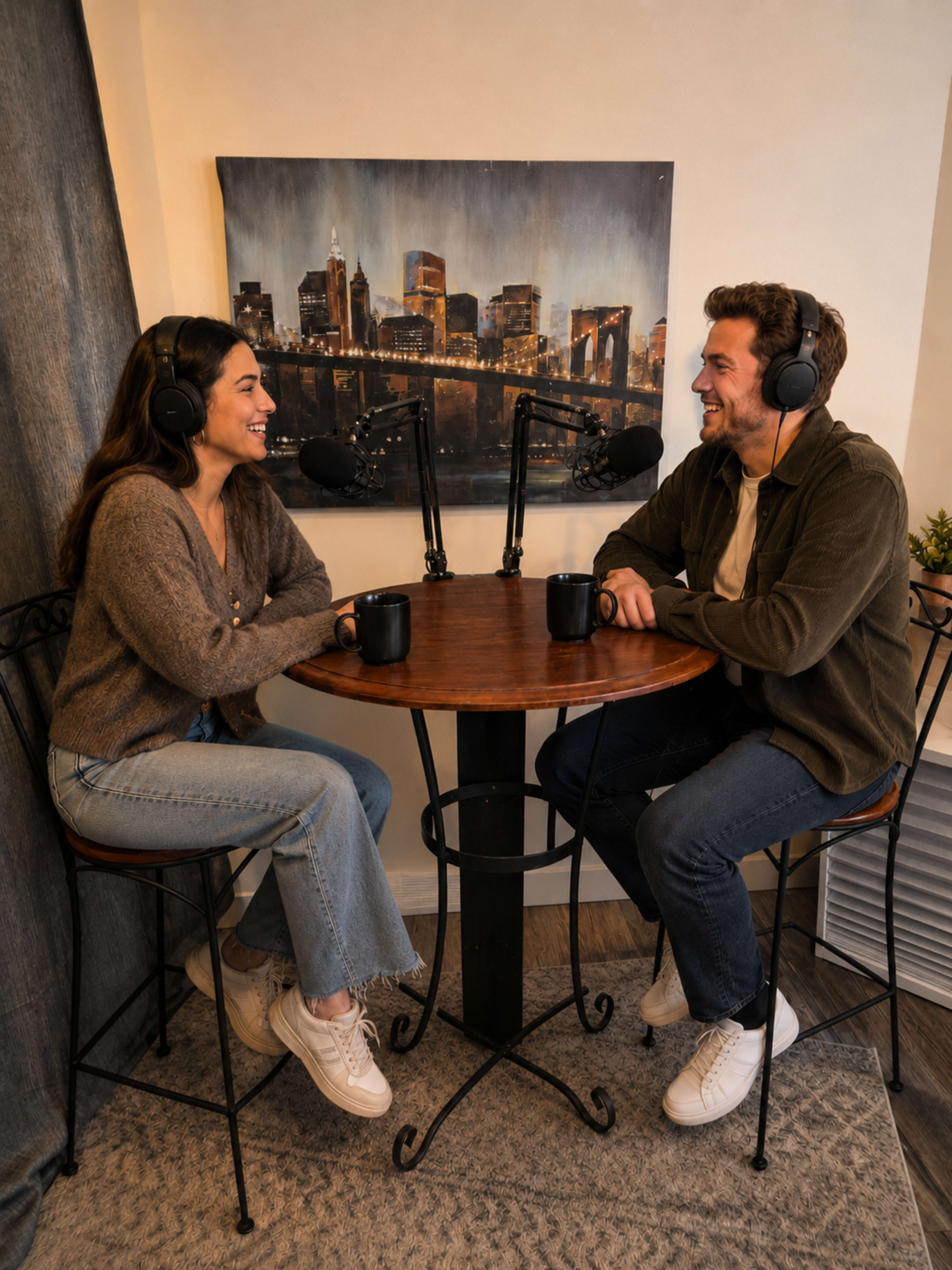 Two people are sitting at a circular table with microphones facing each other in a cozy indoor setting.