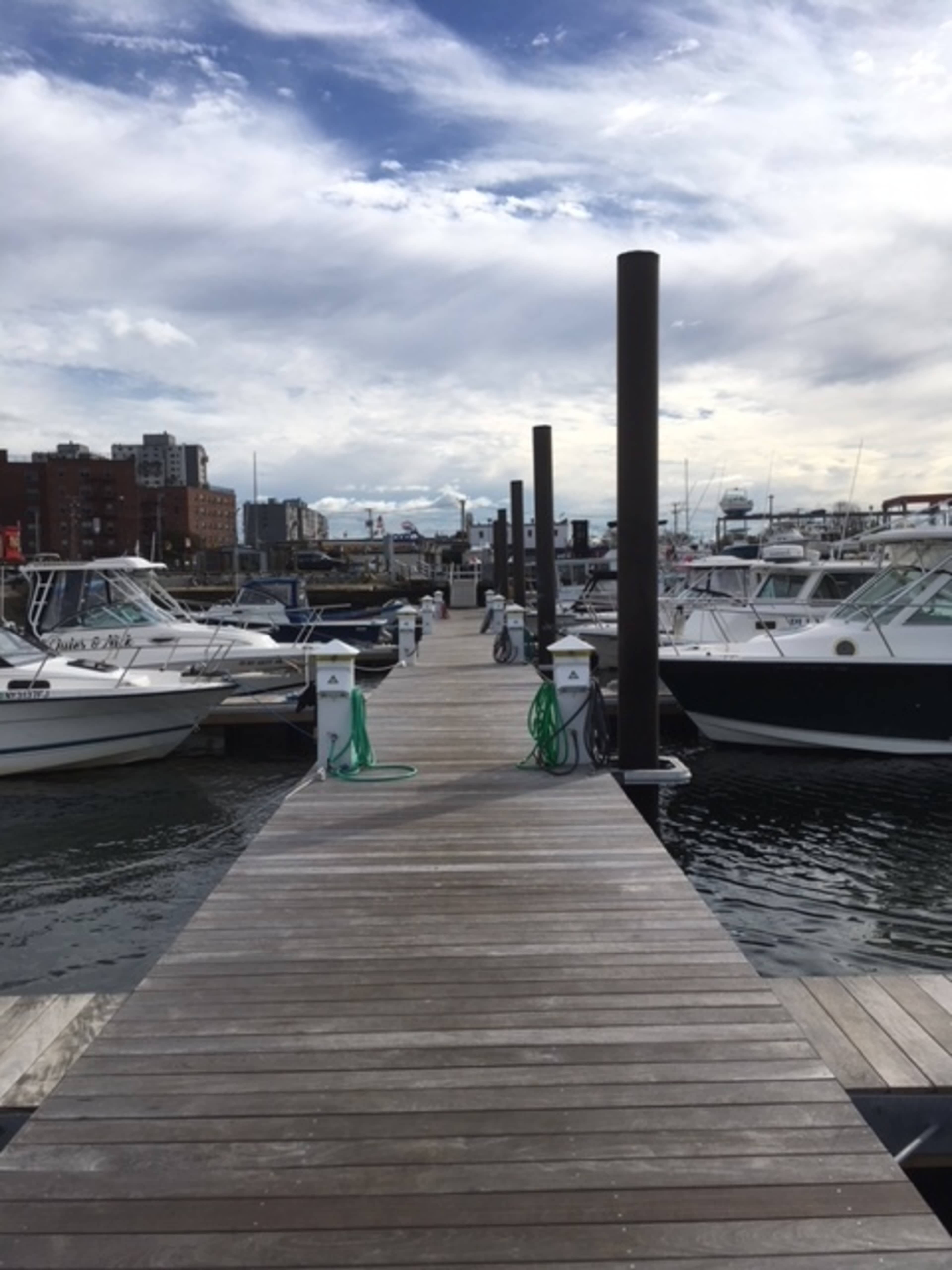 A wooden dock extends into a marina filled with parked boats under a cloudy sky.