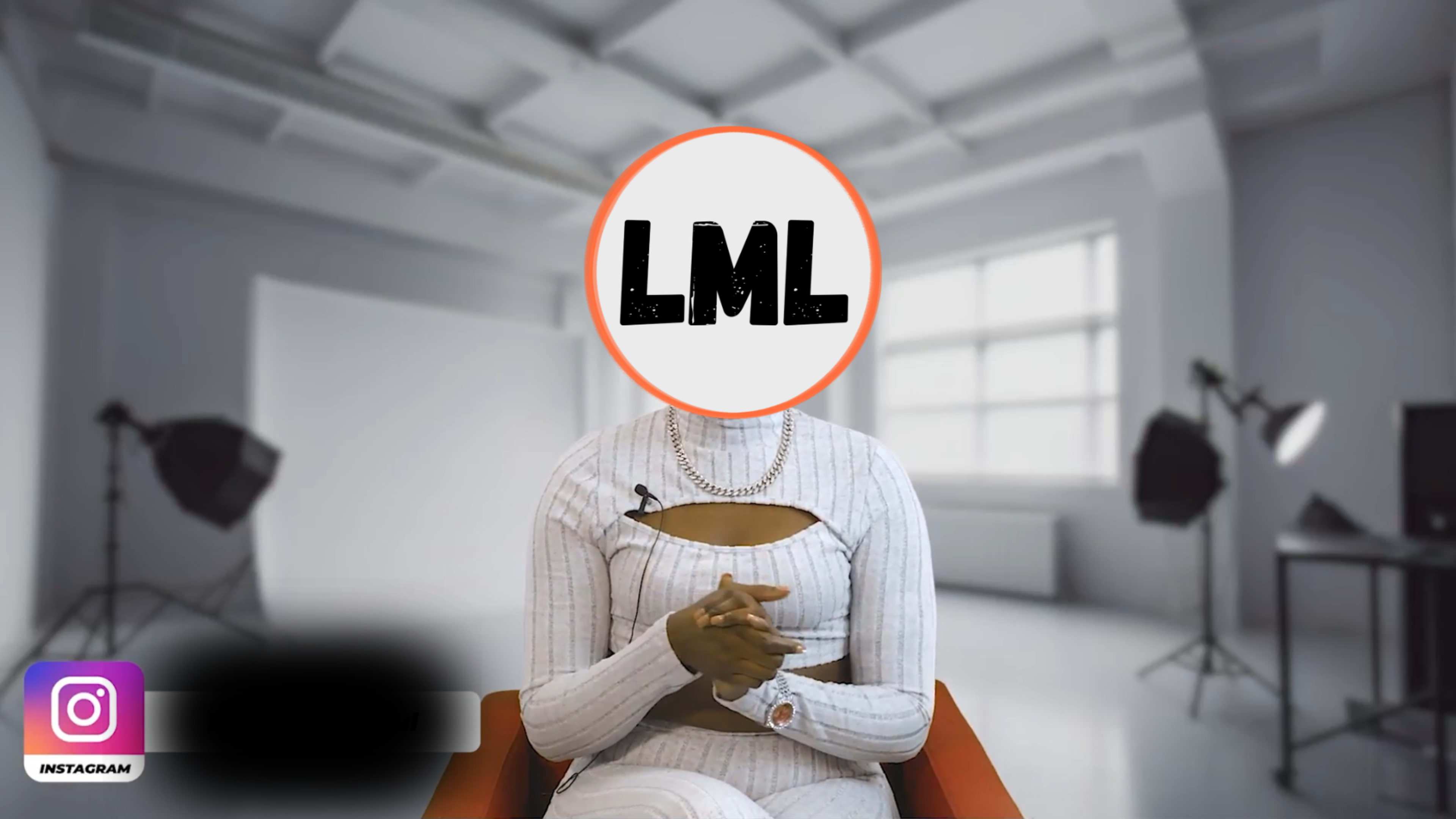A person is seated in a modern, brightly lit room, with their face covered by a circular graphic displaying the letters "LML."