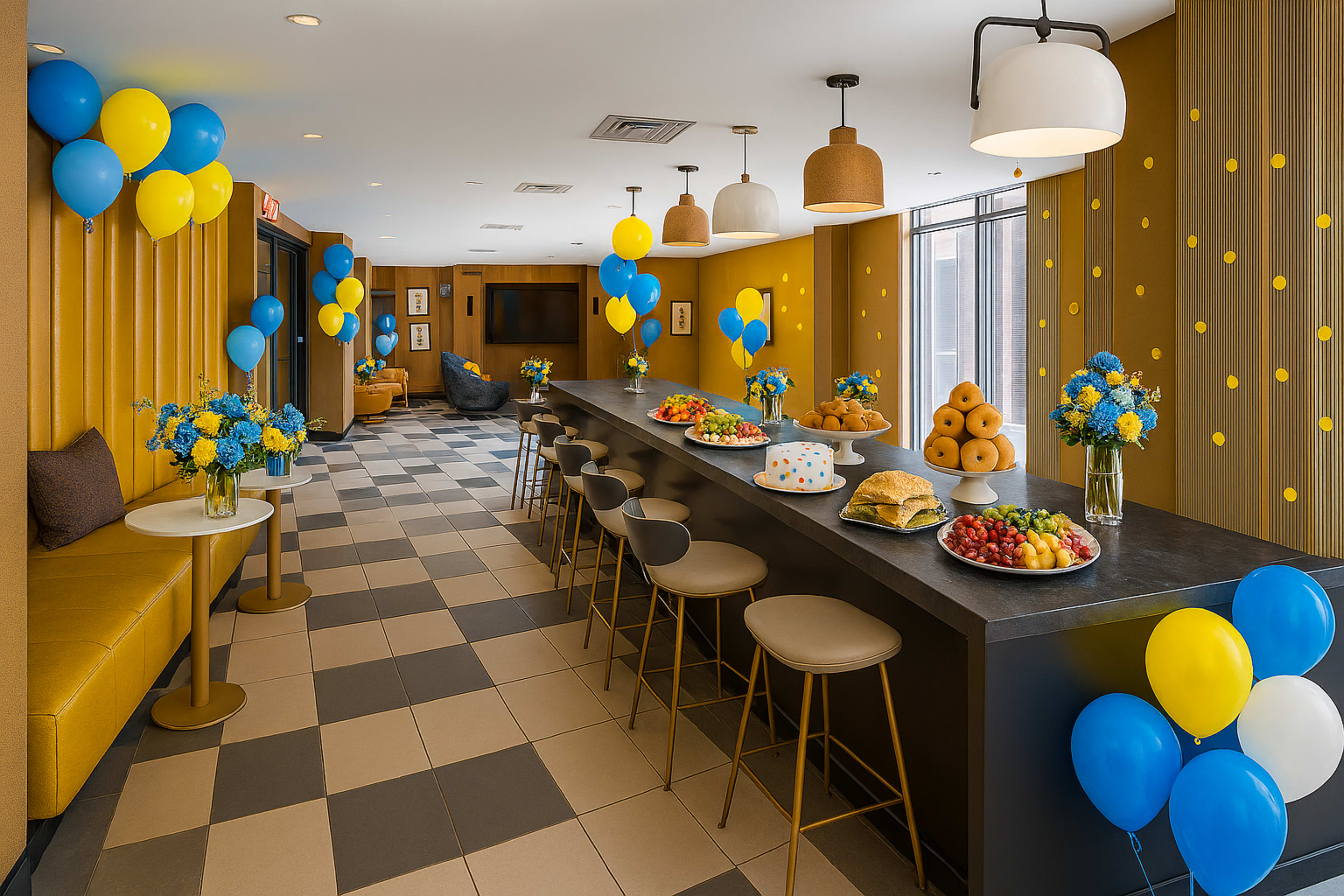 The image shows a brightly decorated event space featuring a long buffet table with food, flowers in vases, and balloons in blue and yellow colors.