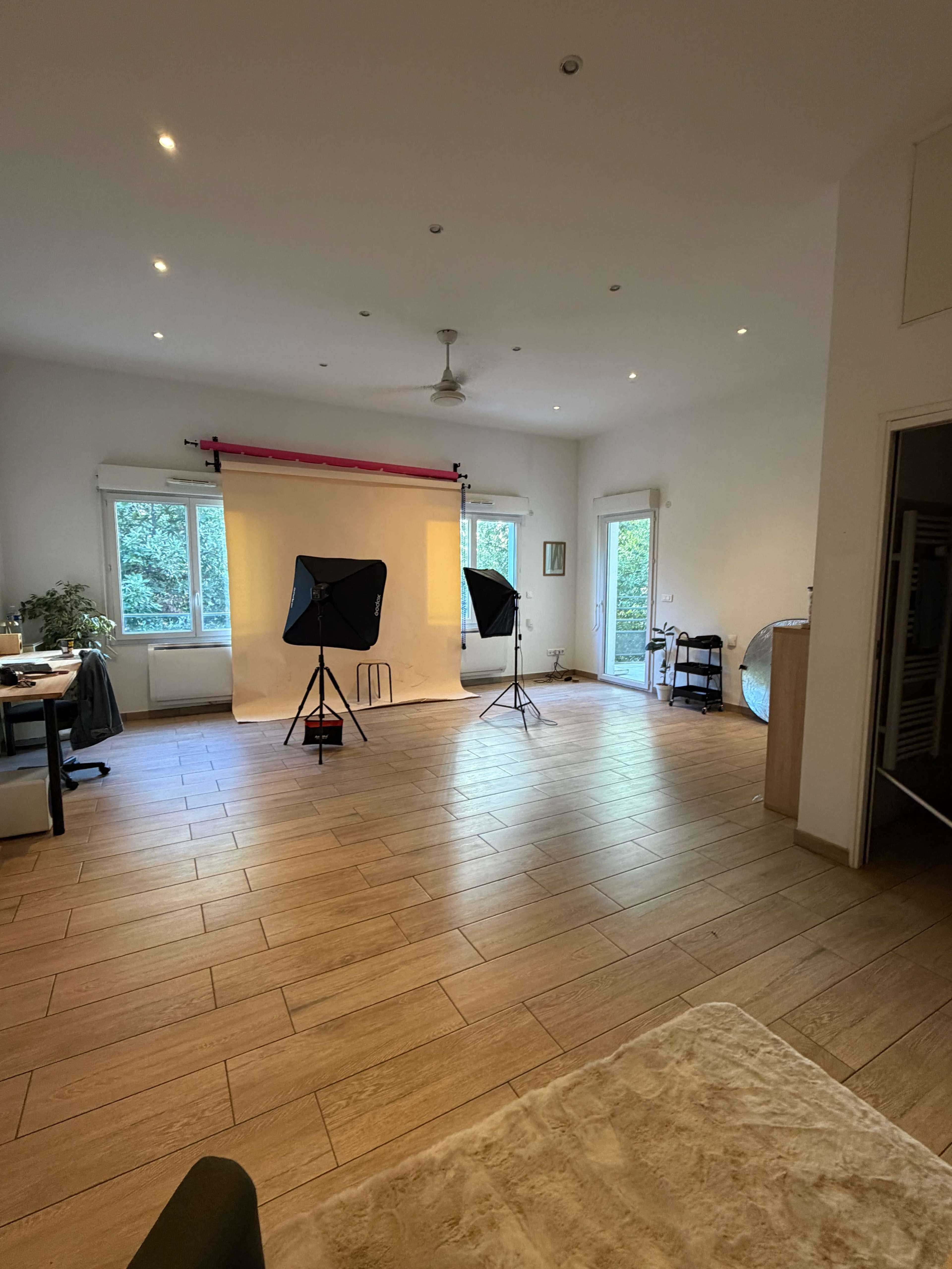 The image shows a spacious room with a backdrop set up for photography, two softbox lights, and large windows leading to an outdoor area.