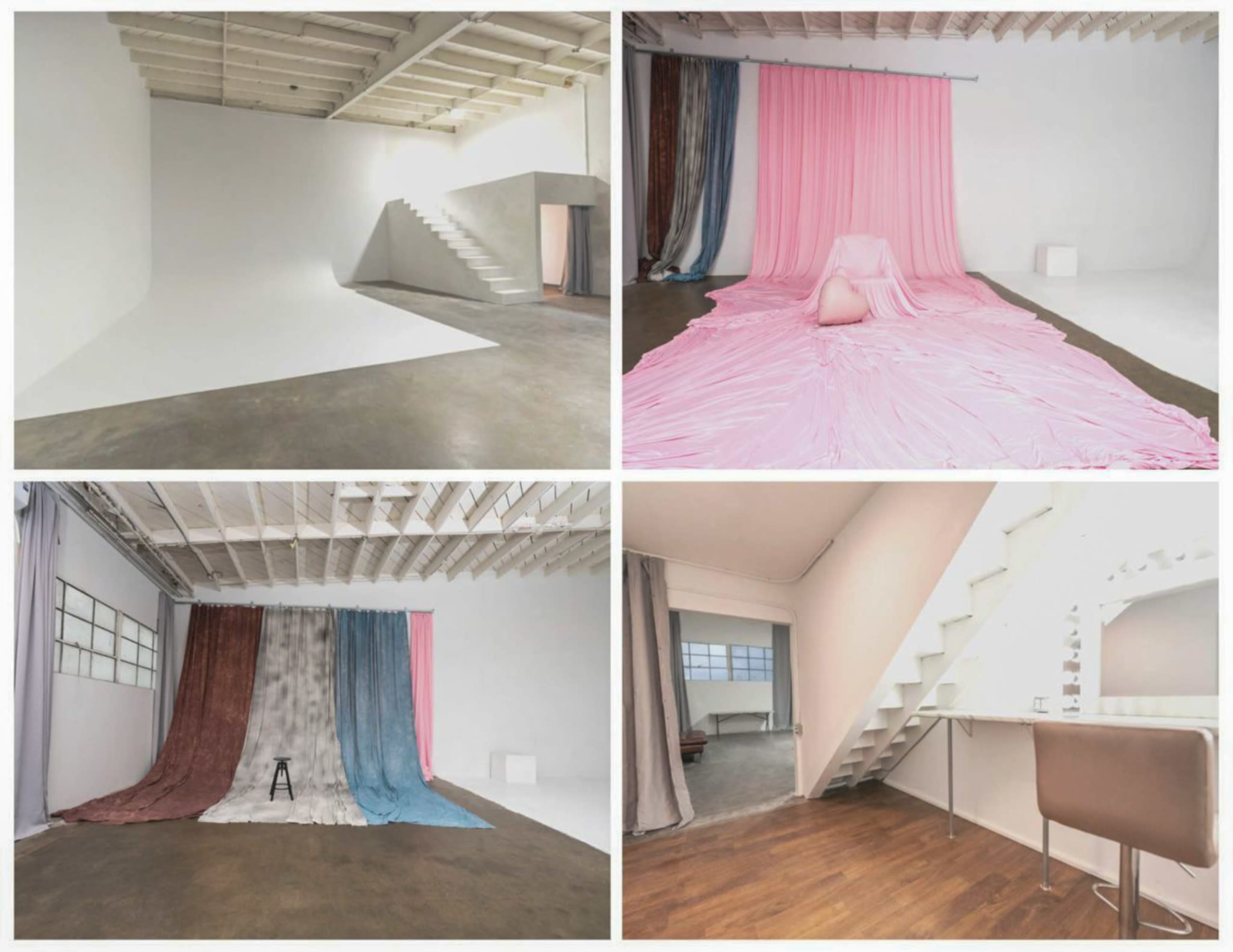 The image showcases a photography studio featuring various backdrops, including draped fabrics in pink, blue, and neutral tones, along with a staircase and minimalist decor.