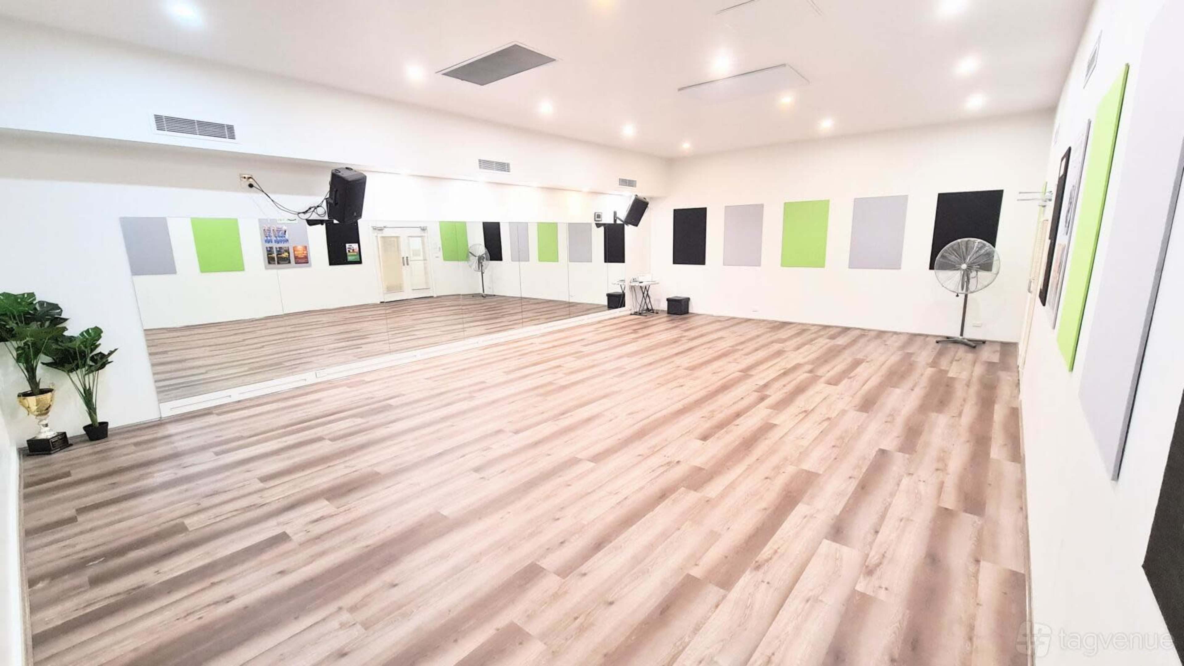 The image shows a spacious, well-lit dance studio with large mirrors, wooden flooring, and colorful wall panels in green, gray, and black.