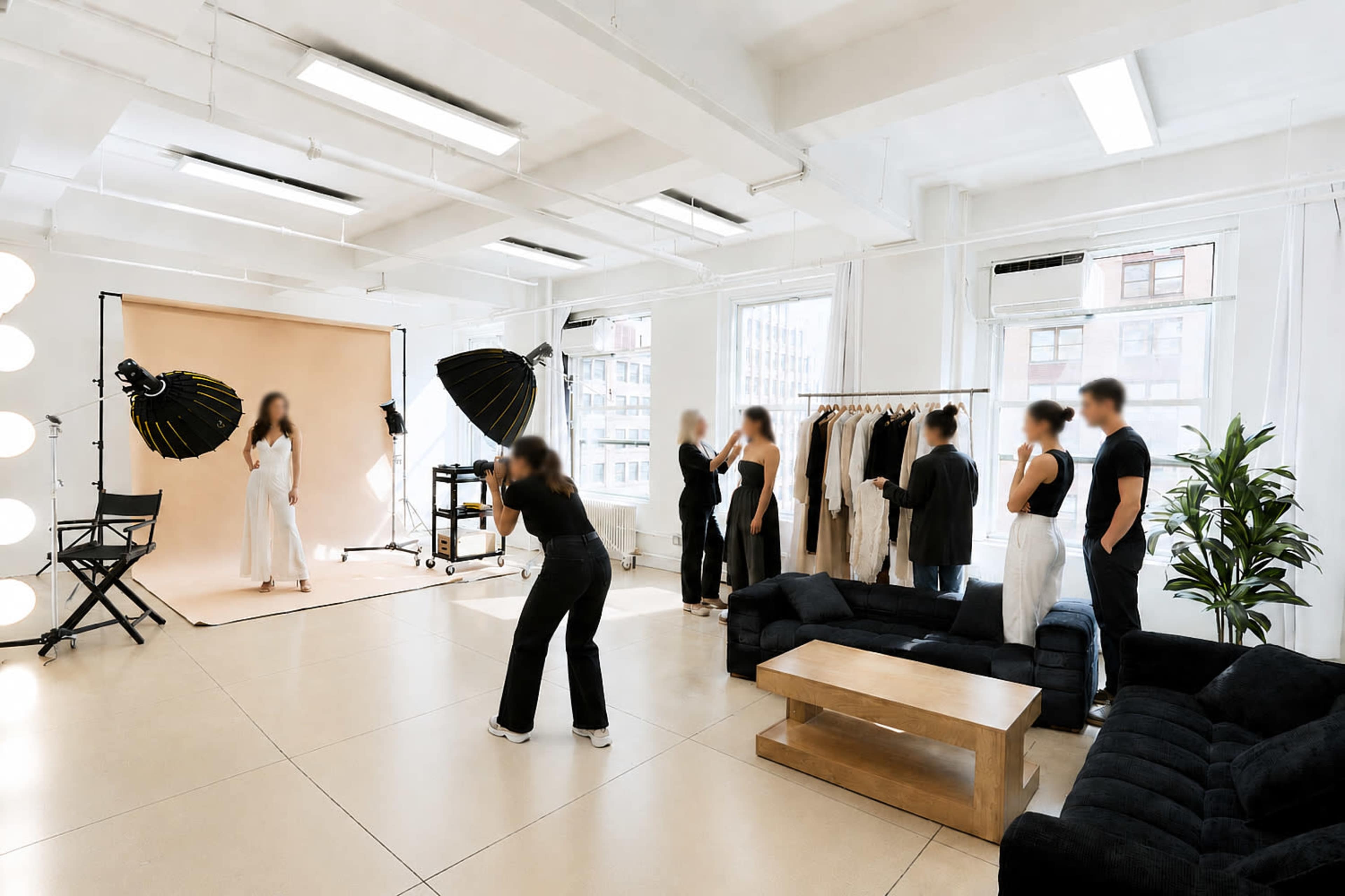 A photography studio features a model posing in front of a backdrop while a team of stylists and photographers works nearby, and clothing is displayed on a rack.