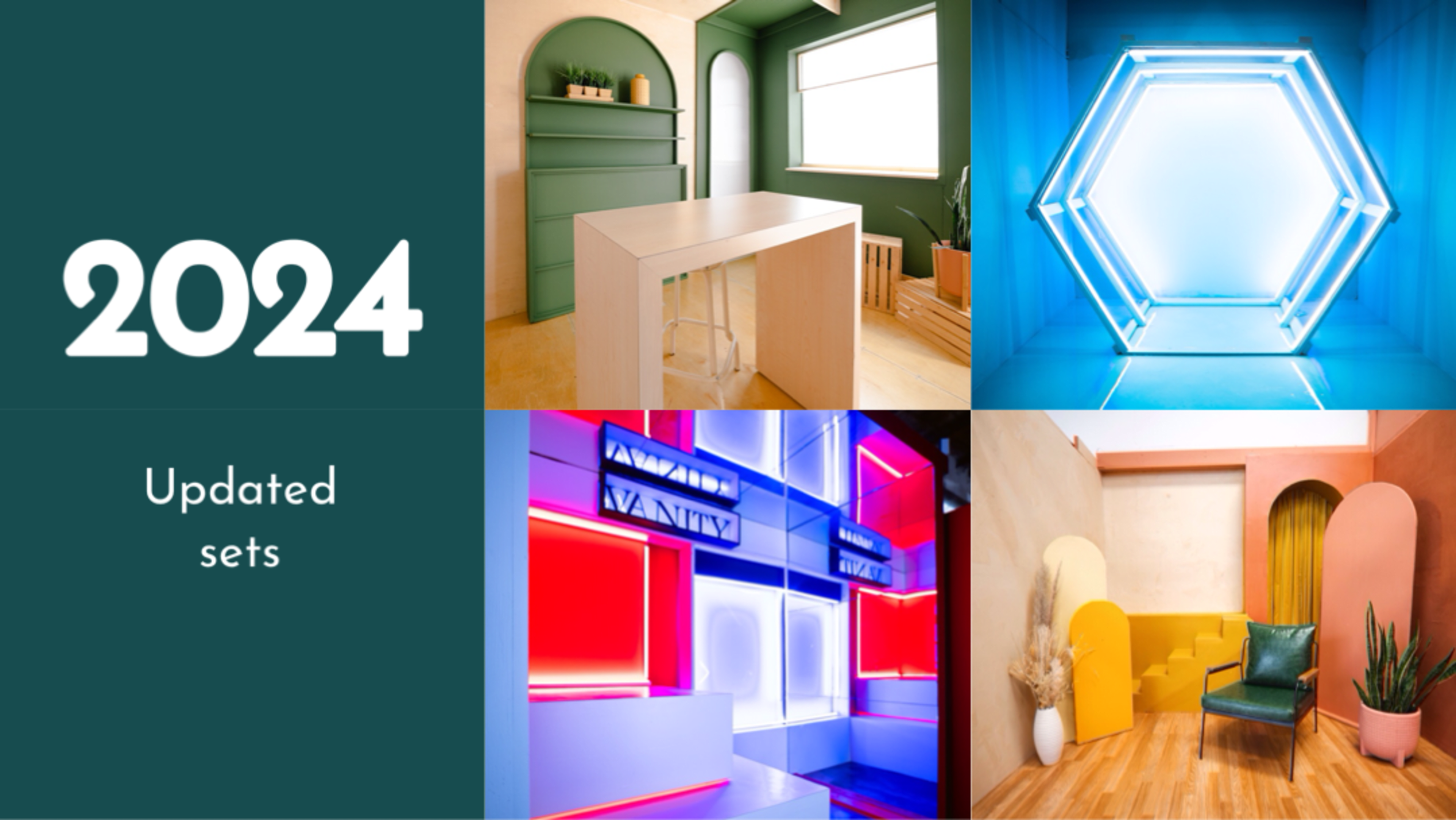 Four distinct design setups for 2024, including minimalist furniture, illuminated geometric shapes, and colorful room backdrops.