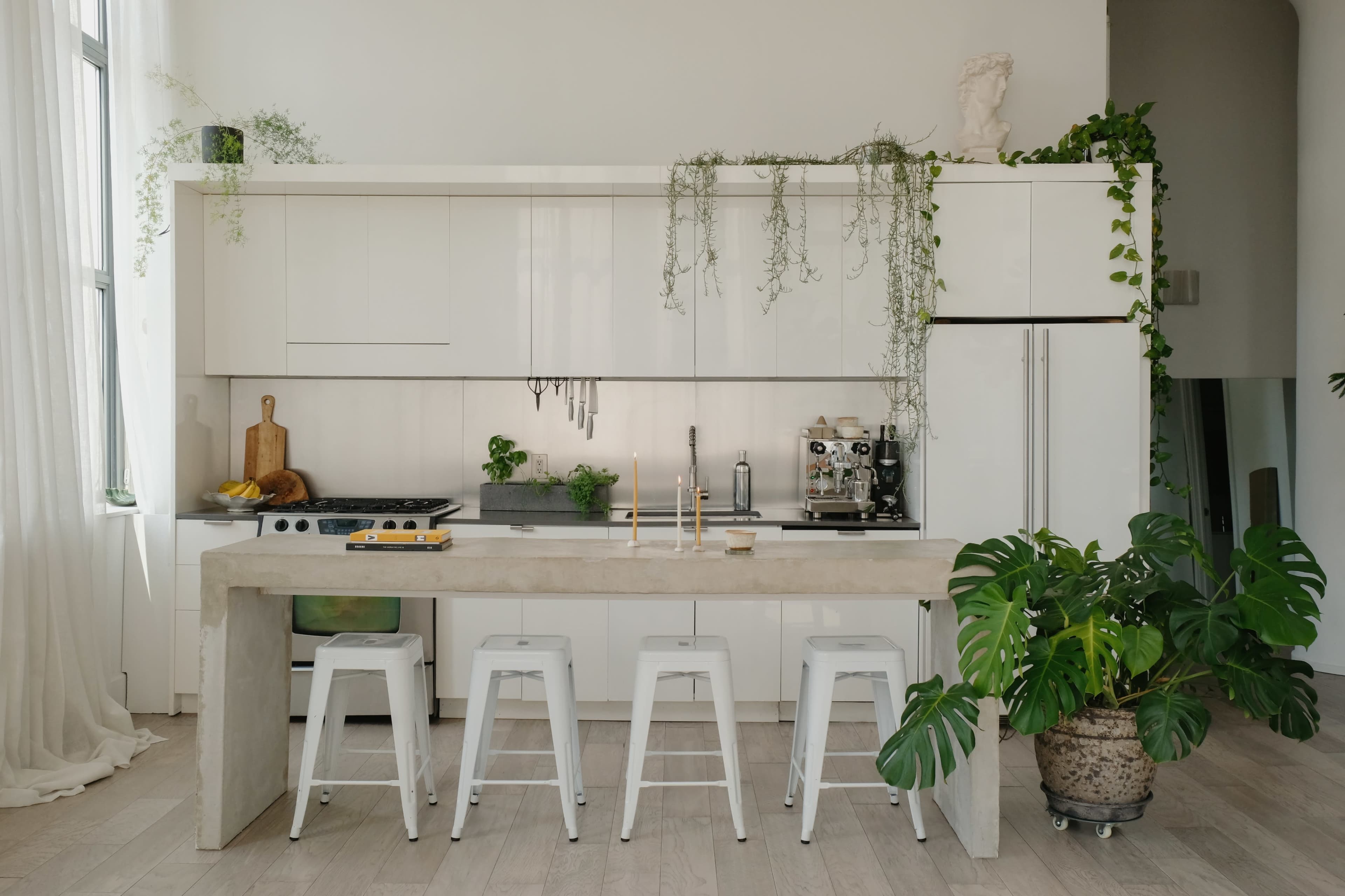 A modern kitchen features a minimalist design with white cabinetry, a concrete dining table, metal stools, and various green plants.