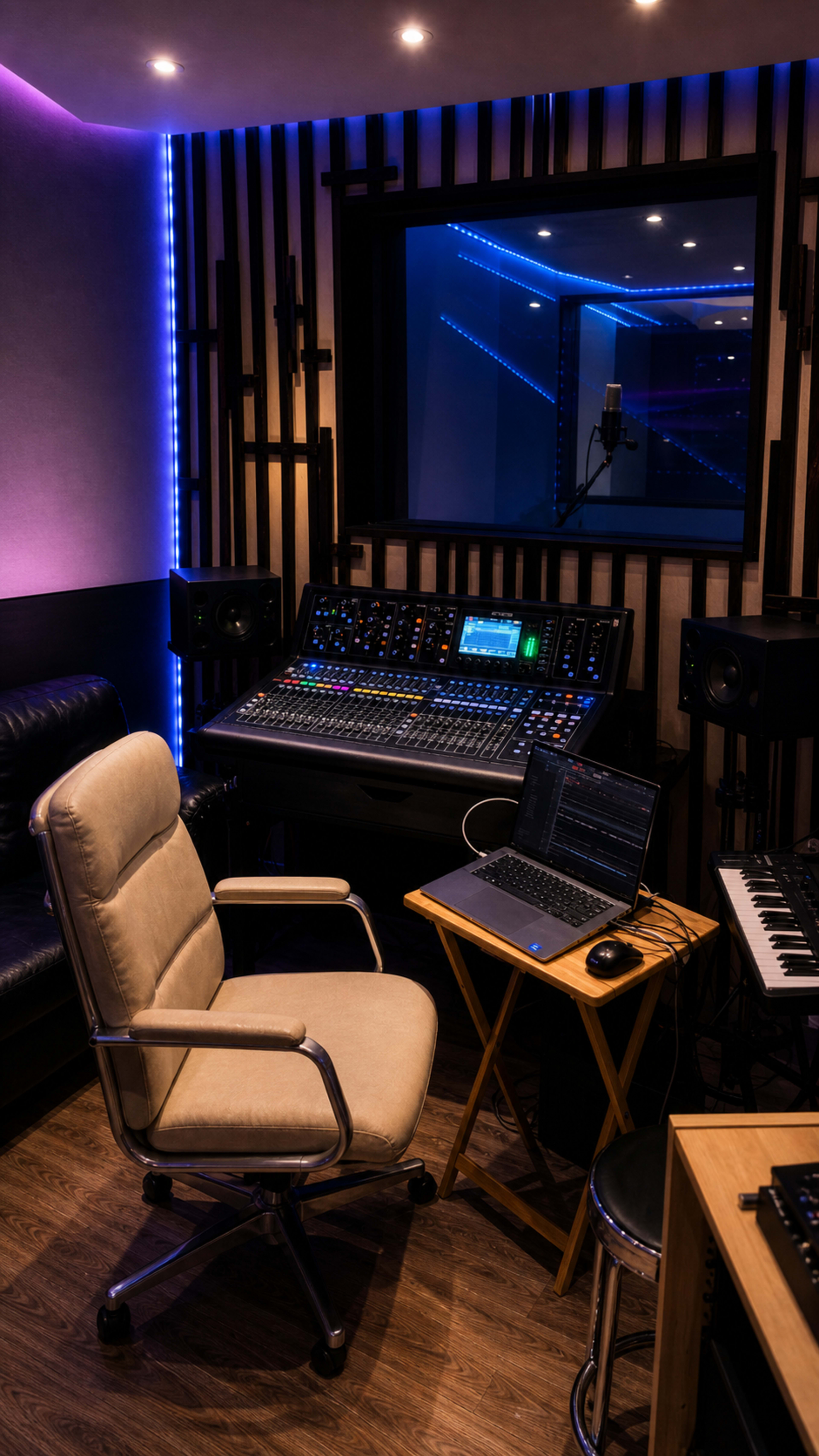 The image shows a modern music studio featuring a digital mixing console, a computer on a small table, an ergonomic chair, and sound equipment in a well-lit space.
