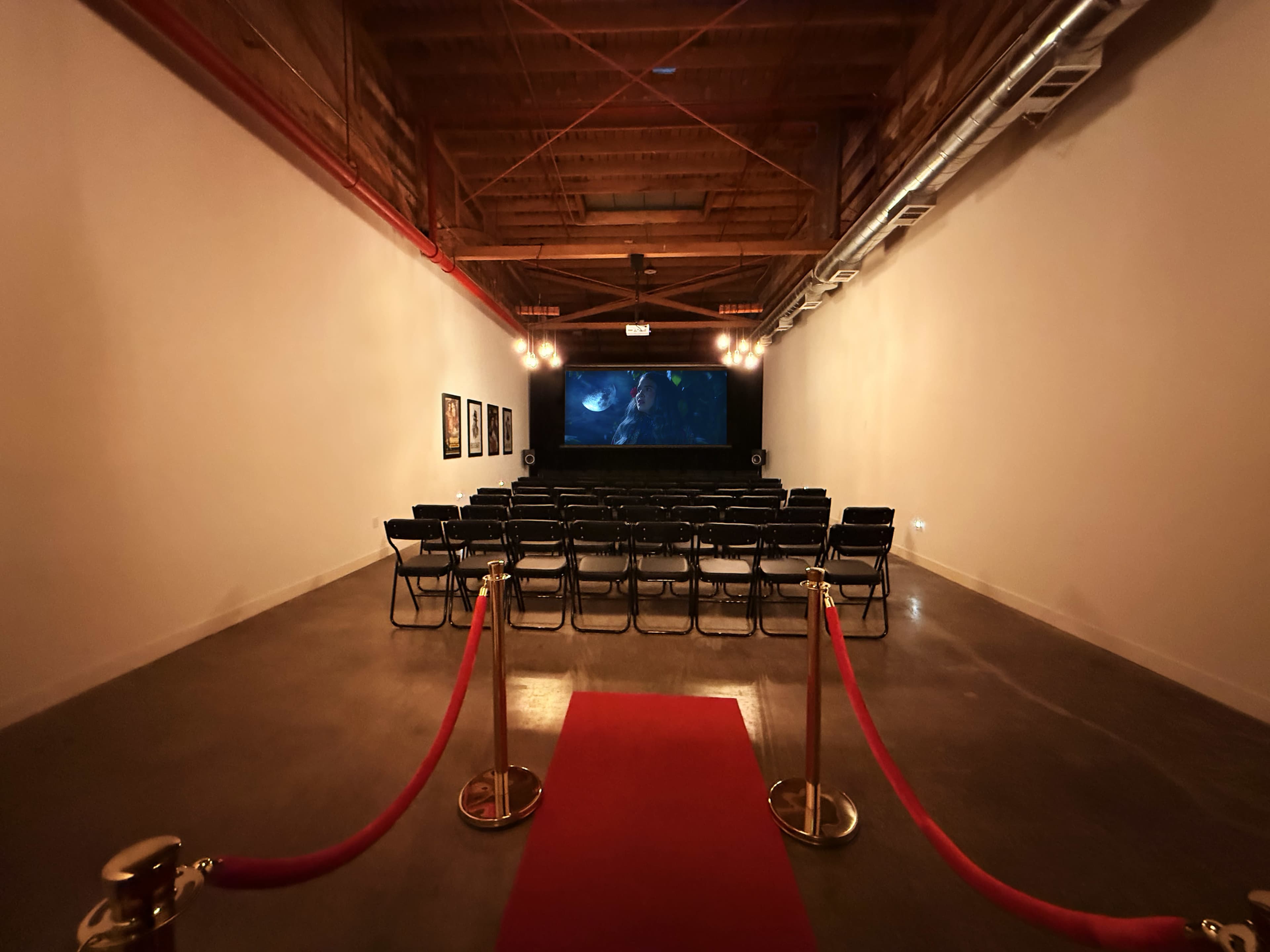 The image shows a movie screening room with rows of black chairs, a large projection screen at the front, and a red carpet with ropes leading to the seating area.