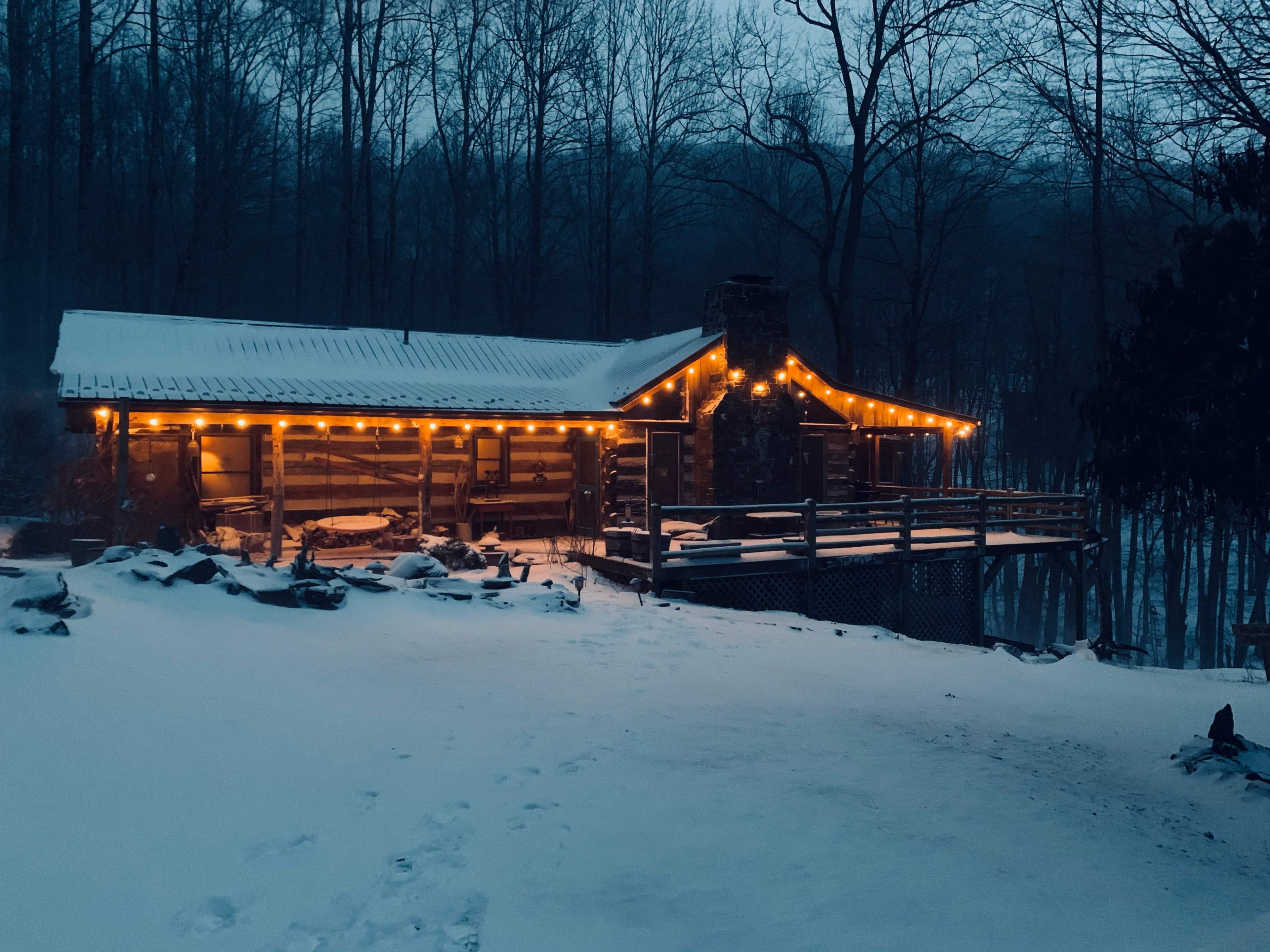 A cabin with string lights sits amidst a snowy landscape, surrounded by bare trees in the evening light.