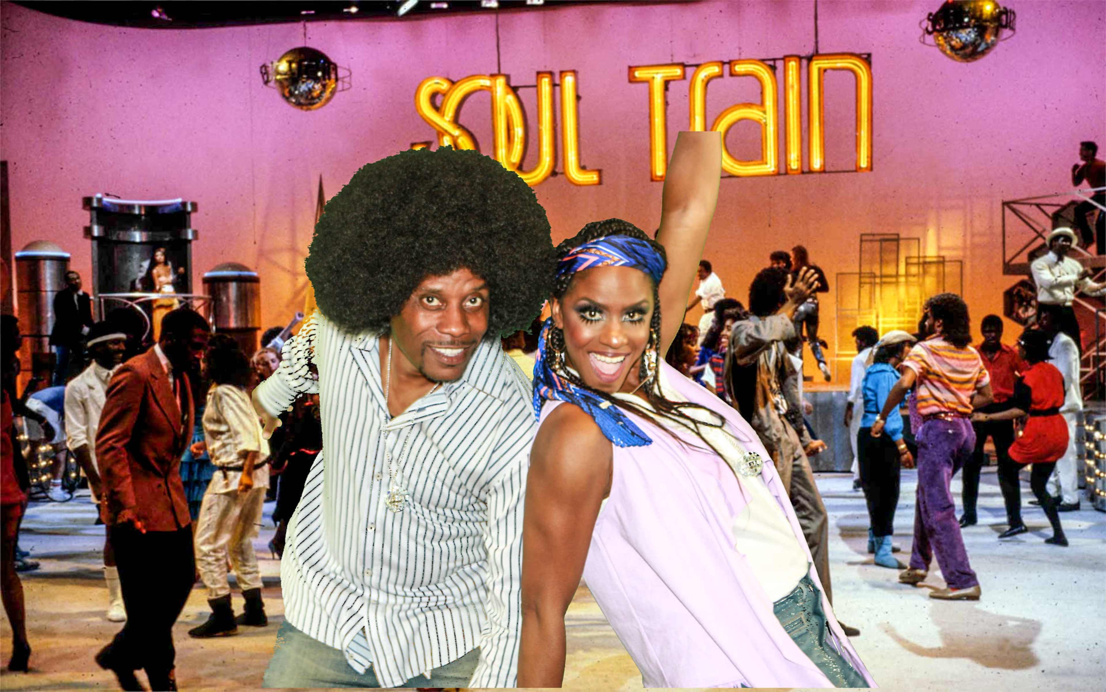 A man and a woman pose confidently in front of a vibrant stage set with the "Soul Train" logo, surrounded by dancers enjoying a lively performance.