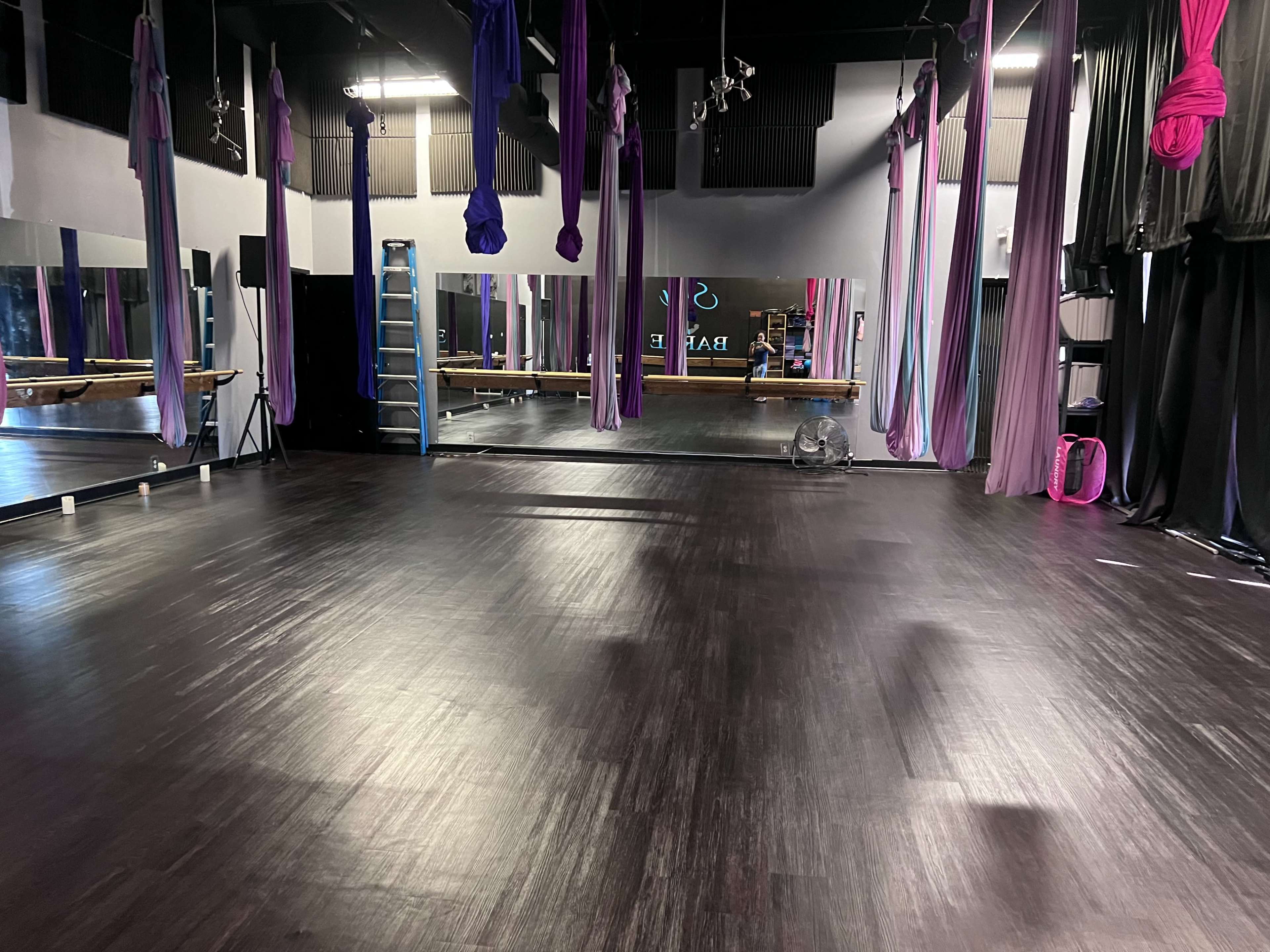 The image shows an empty studio with wooden flooring, mirrors, and hanging fabric for aerial performances.